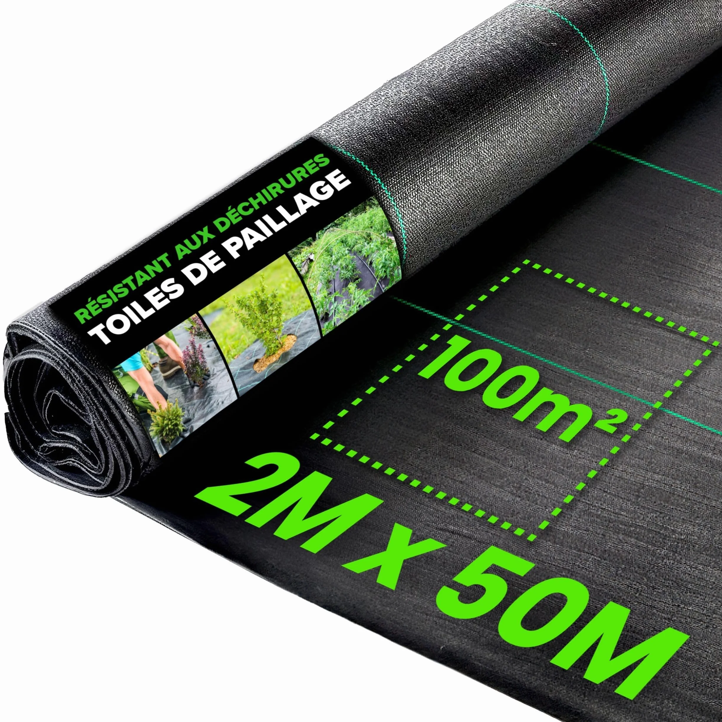 Toile de Paillage 2m x 50m Géotextile Anti Repousse Bache Jardin Anti Mauvaises Herbes 100g/m² Résistant Déchirures Perméable Eau UV