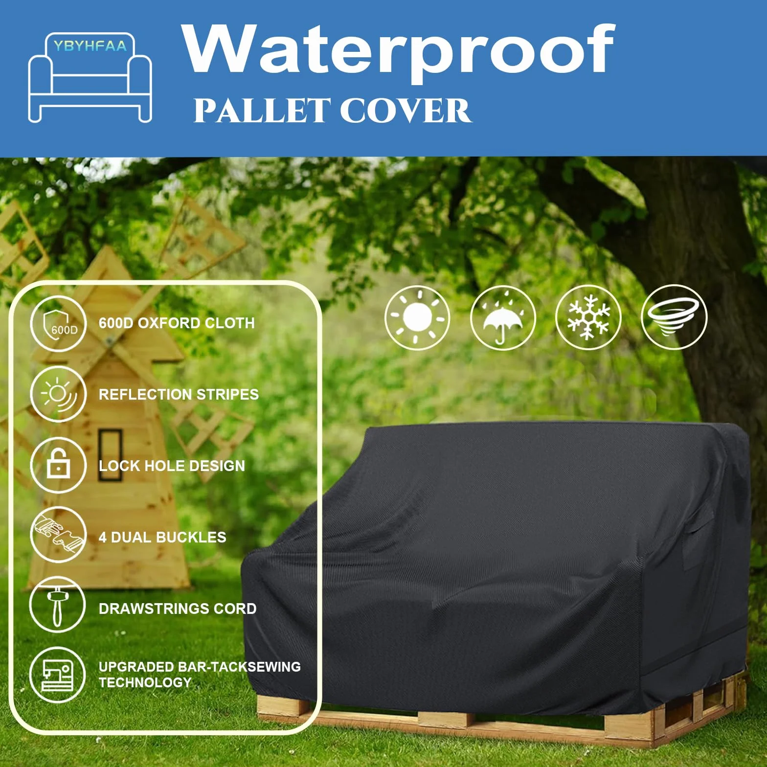 Oxford 600d Housse de Protection pour Banc de Palette Imperméable 128 x 85 x 80 cm Noir