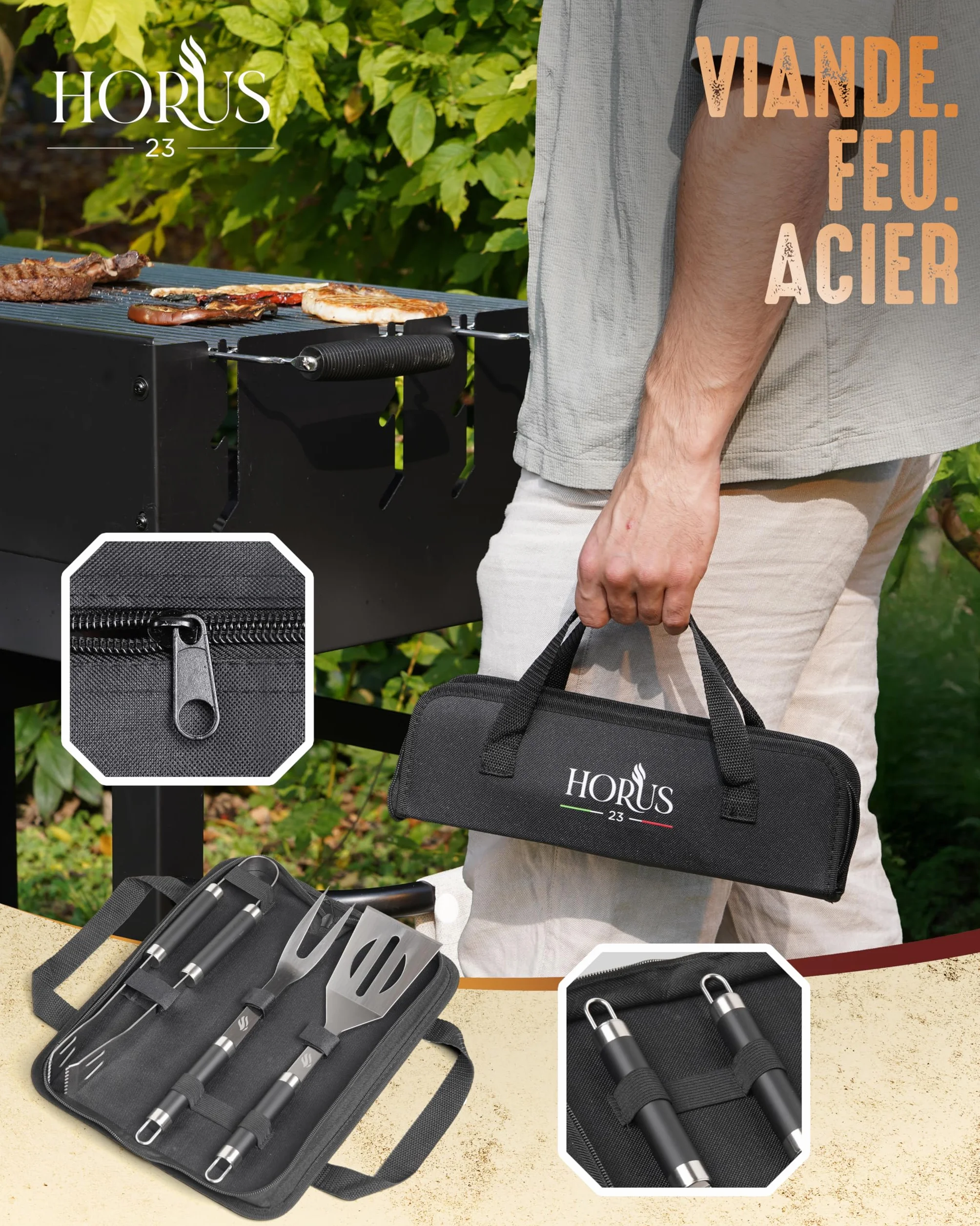 HORUS 23® Kit Barbecue Professionnel 4 Ustensiles Inox avec Gant Ignifuge Coffret Cadeau