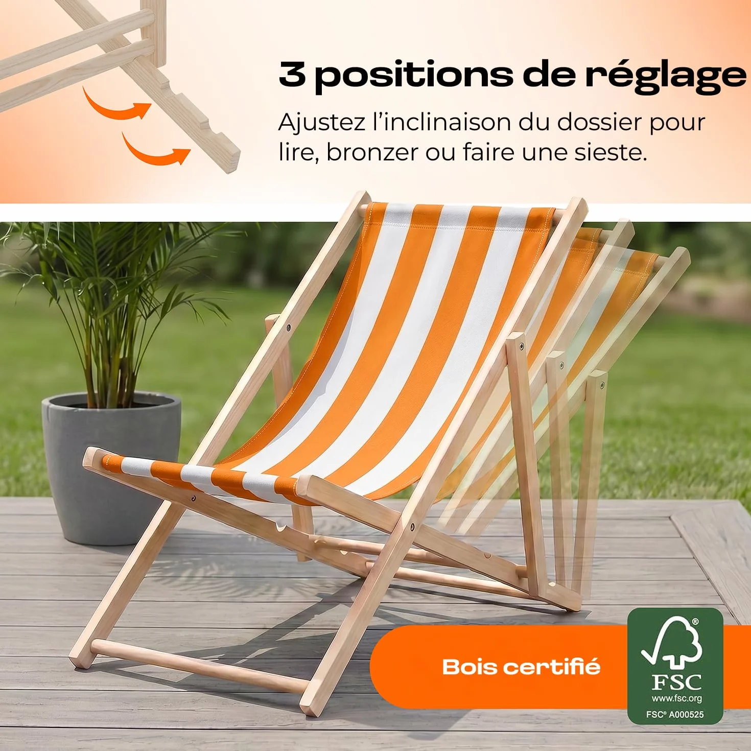 Chaise Longue Transat Jardin Pliable Bois Hêtre Réglable 3 Positions 120 kg Blanc & Orange
