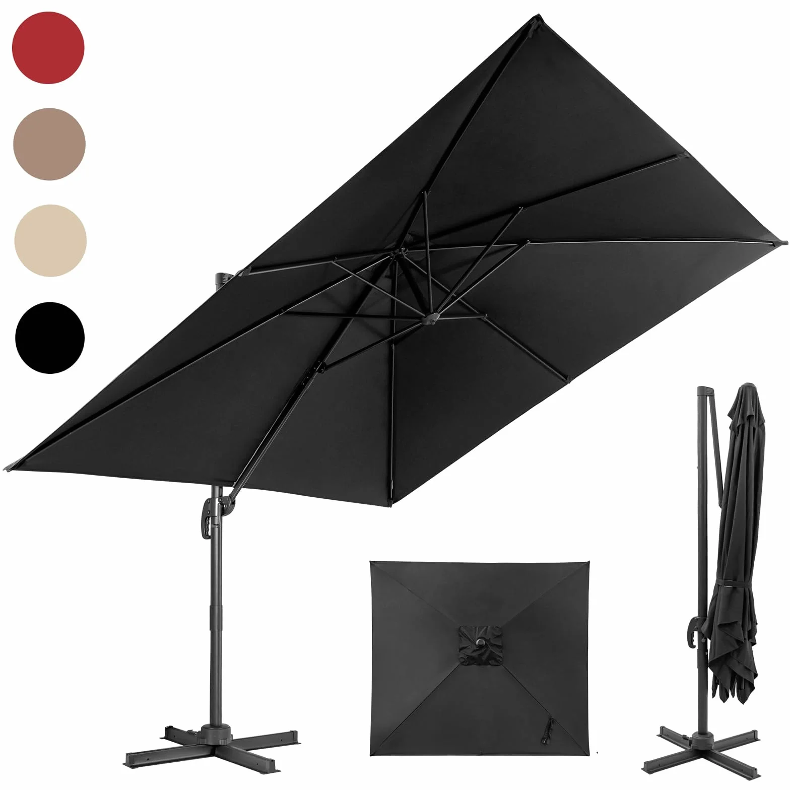 RELAX4LIFE Parasol Déporté Rectangulaire 3x3M Inclinable Rotative 360° Pédale Polyester Anti-UV Jardin Exterieur Noir