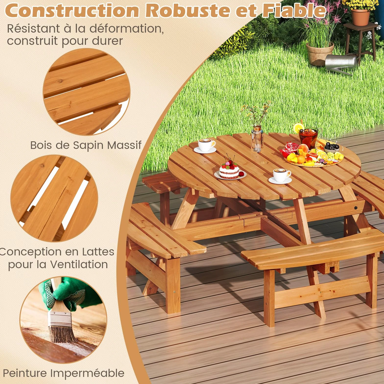 COSTWAY Table de Pique-Nique Bois 2-8 Personnes Set Jardin Bancs Circulaire 4 Bancs Intégrés Parasol 5 cm Jaune 179x179x70 cm