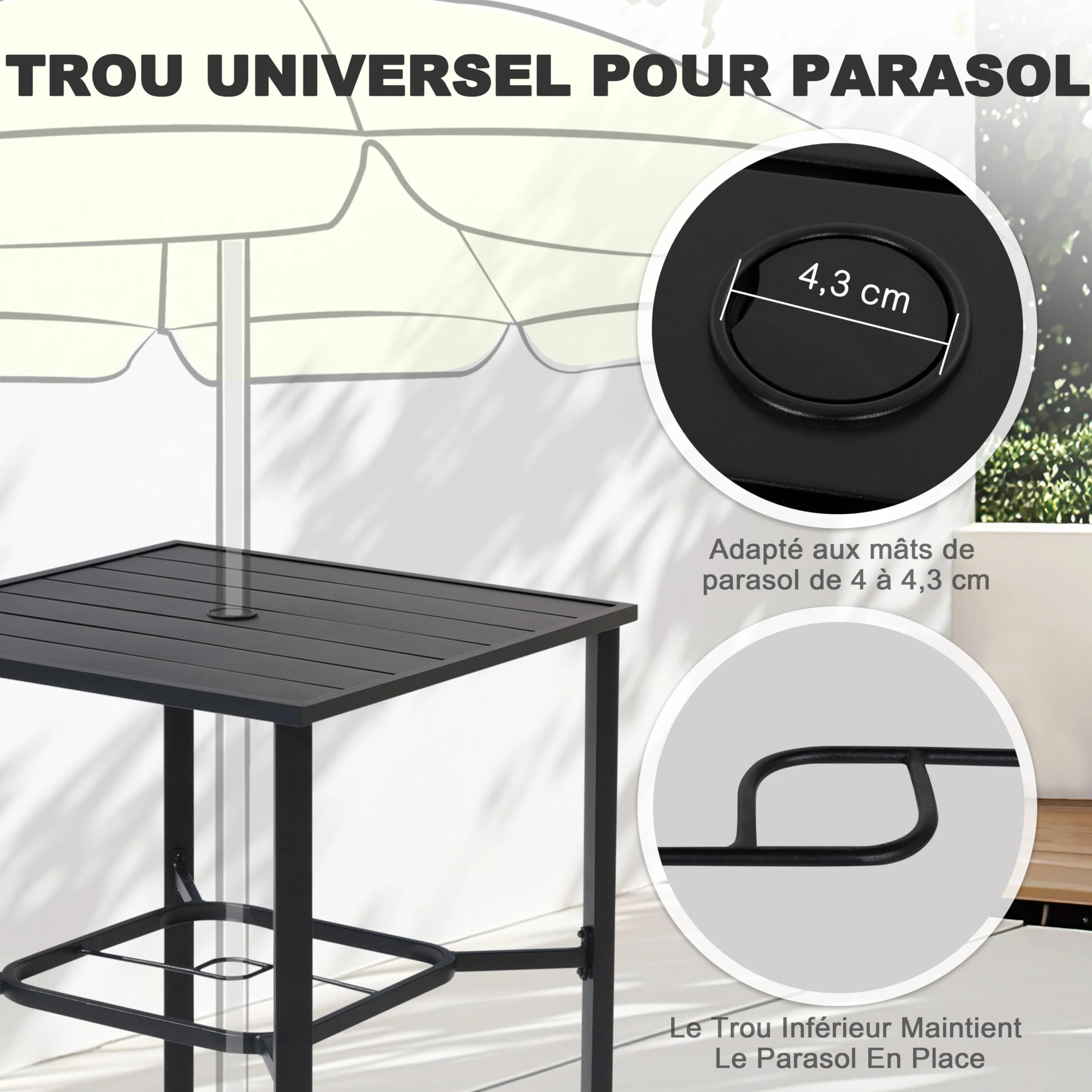 Avestar Table Haute d'extérieur Carrée 71 cm avec Trou à Parasol 4,3 cm Plateau à Lattes Structure métallique Revêtement poudré Noir
