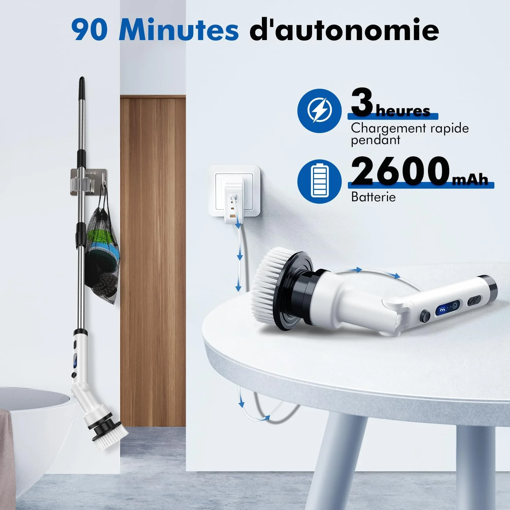 Brosse Nettoyage Electrique Rotative -Brosse de Nettoyage Electrique avec 8 Têtes, 3 Vitesses Manche Extensible Rechargeable Brosse Nettoyage pour Salle de Bain, Cuisine et Voiture