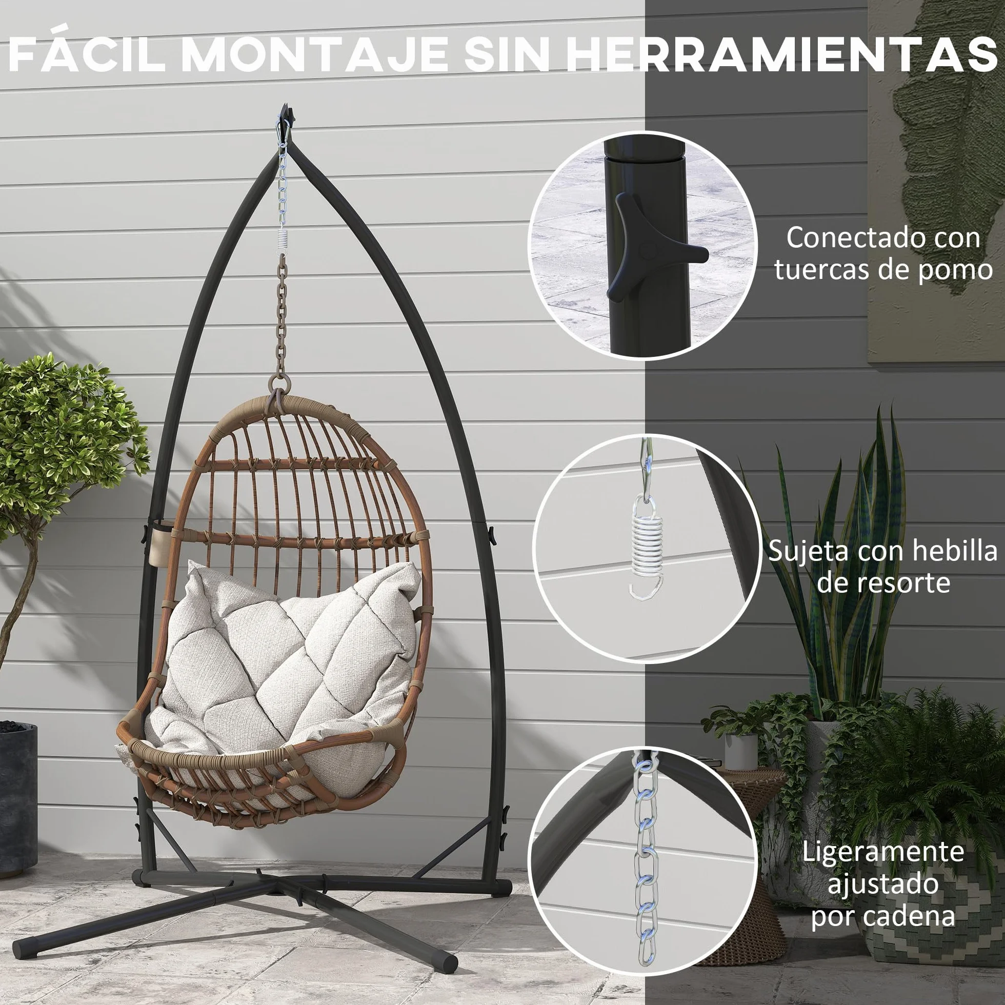 Outsunny Support pour chaise suspendue œufs 215 cm acier Base stable porte-gobelet Balançoire patio jardin balcon charge 150 kg noir