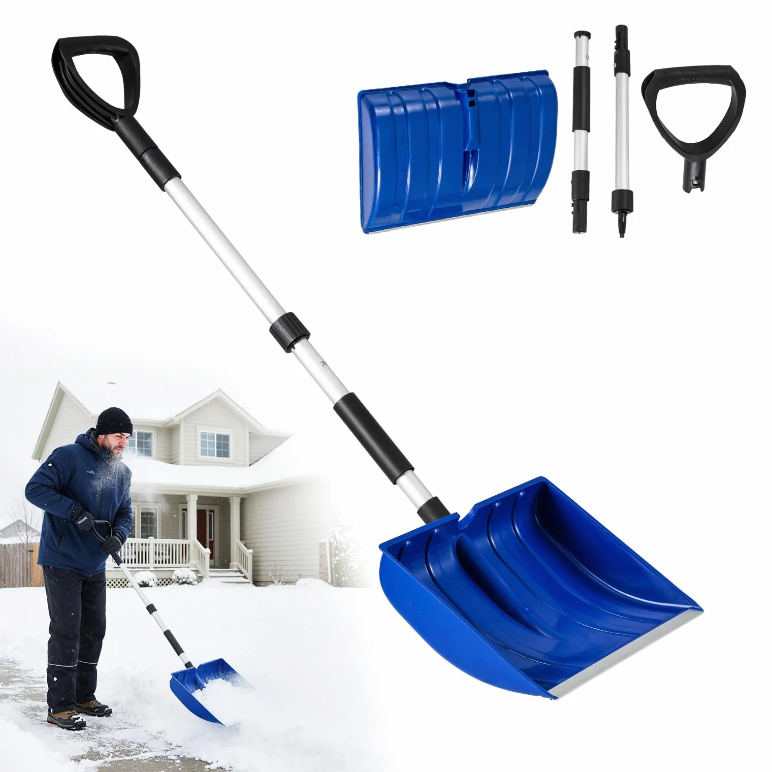 COSTWAY Pelle à Neige Portable, Outil de Déneigement Léger avec Lame Large et Bande en Aluminium, Grattoir à Glace pour Voiture (Bleu)