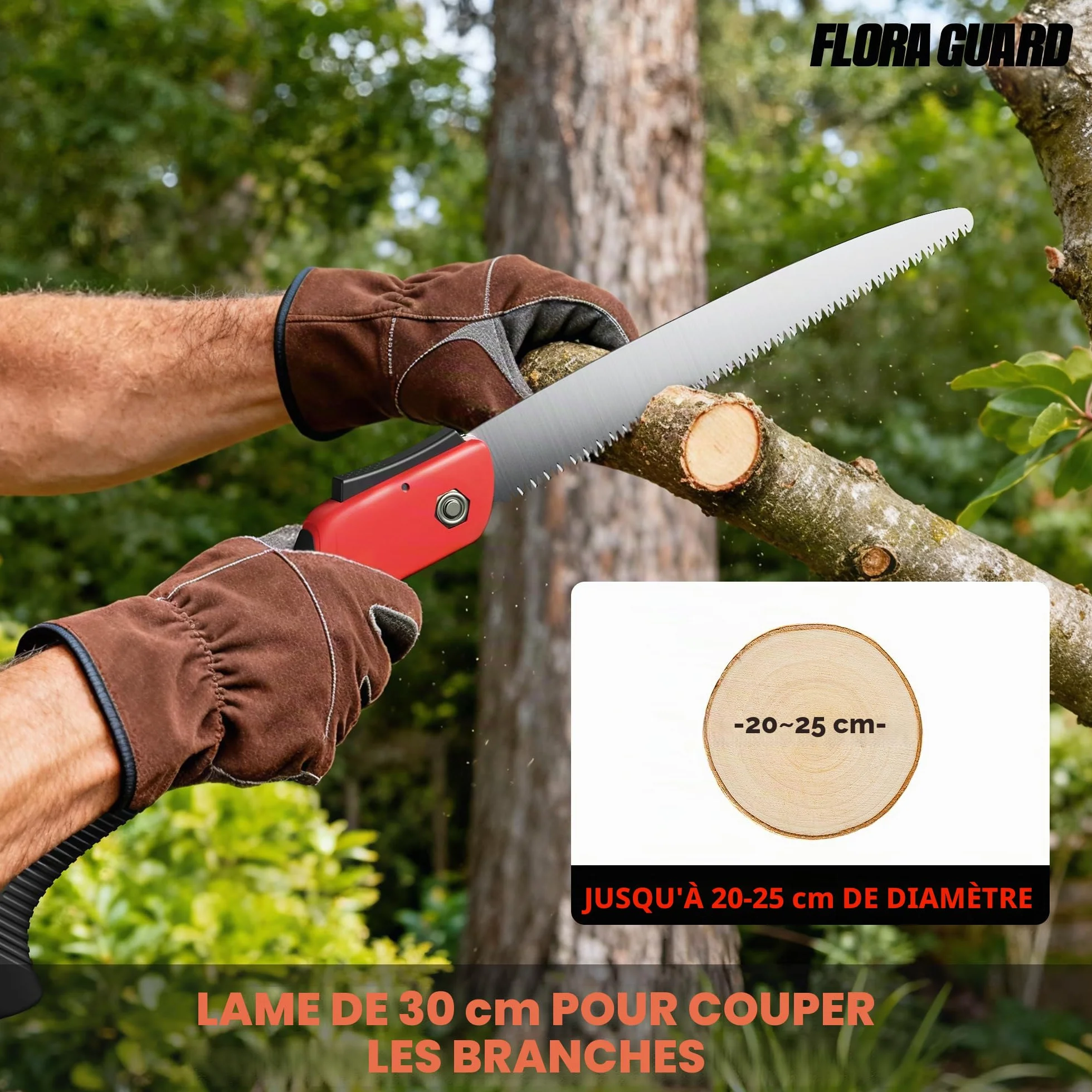 FLORA GUARD Scie à Élaguer 30 cm, Lame en Acier SK5 Haute Qualité, Scie à Main avec Dents 3D pour Taille des Arbres et Camping