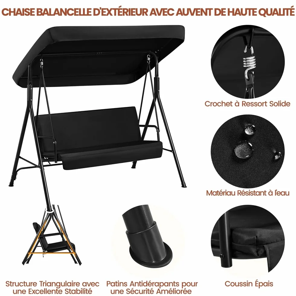 Yaheetech Balancelle de Jardin 3 Places Auvent Ajustable Coussins Amovibles Cadre Métal Noir