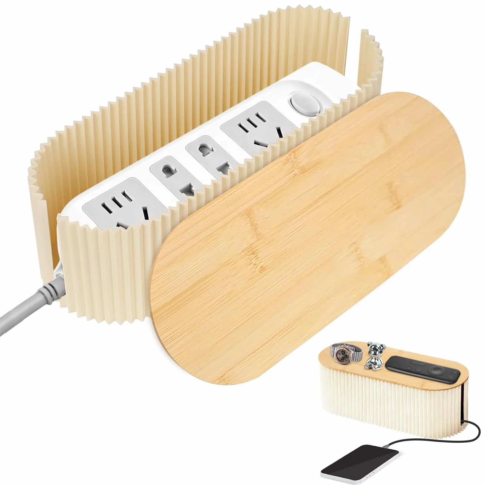 Boite Rangement Cable, Boite Cache Cable avec Couvercle en Bois, Boîte de Gestion des Câbles Organisateur de Cable Multiprise pour Organiser Les Câbles Et Les Dissimuler (34,5×14,5×12,5cm)