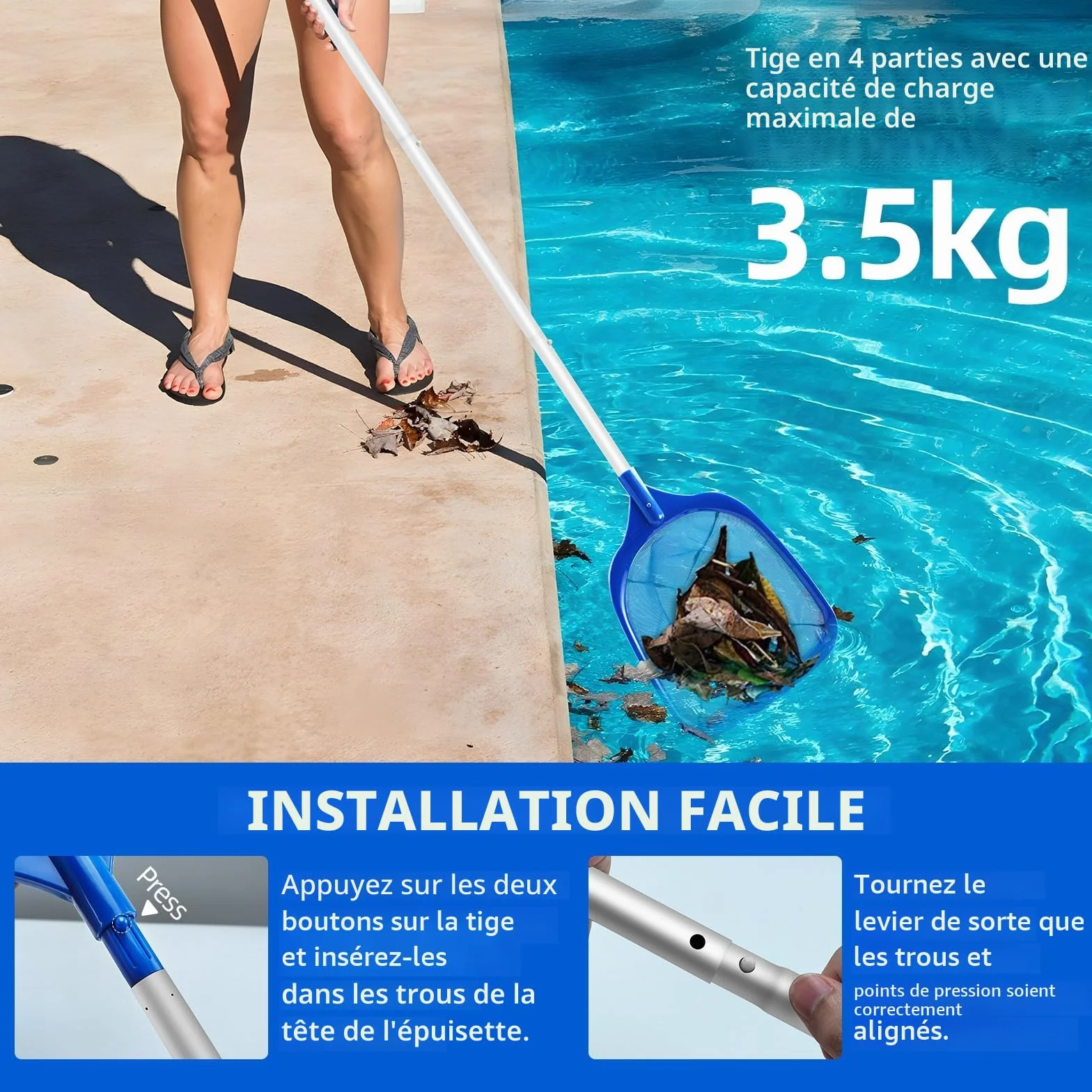 Jsdoin 161cm Épuisette de Surface pour Piscine, Filet avec Manche Télescopique Réglable 123cm