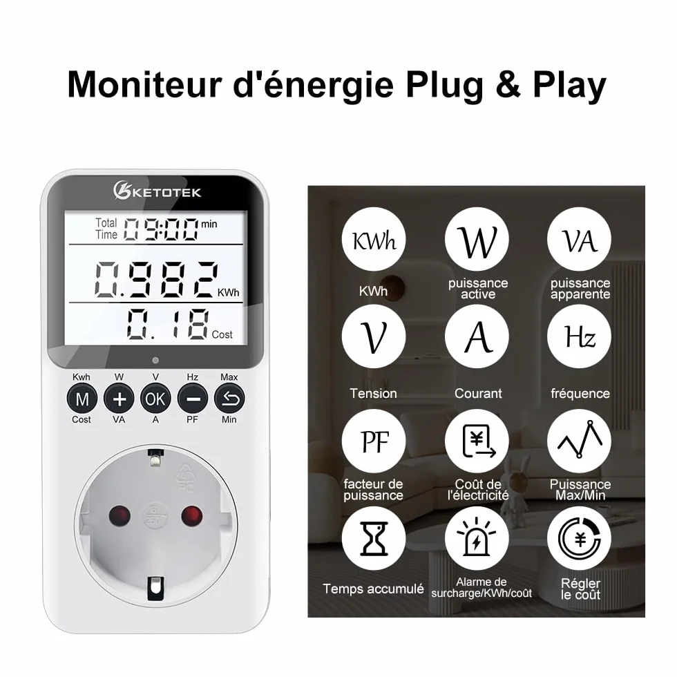 KETOTEK Wattmetre Prise, Compteurs D'énergie, Mesure Consommation Electrique, Compteur Electrique avec Écran LCD Rétroéclairé Surcharges de Protection 3680W