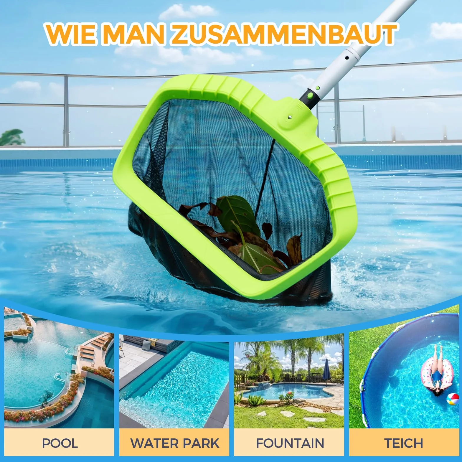 Épuisettes de Surface Filet de Fond Piscine Professionnel Grand Capacité Ramassage Feuilles sans Perche Vert