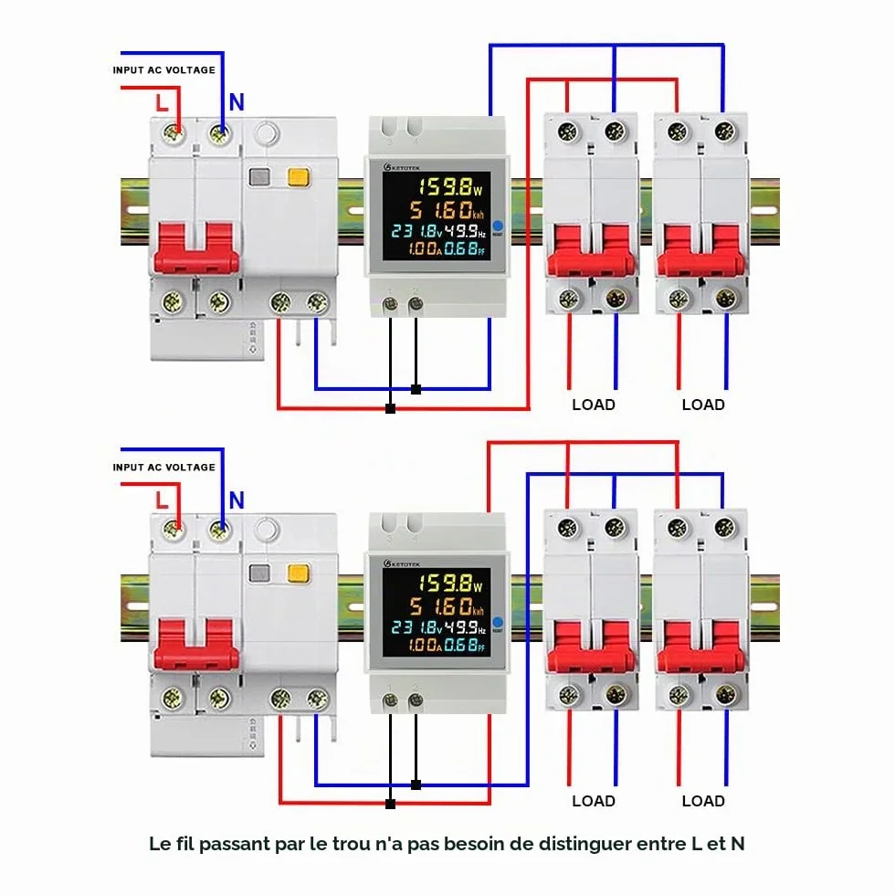 KETOTEK Compteur d'énergie monophasé Compteur d'électrique numérique AC 40-300V 100A Compteur Electrique 1 Phasé Wattmètre Rail DIN Mètre Watt KWh Voltmètre Ampèremètre