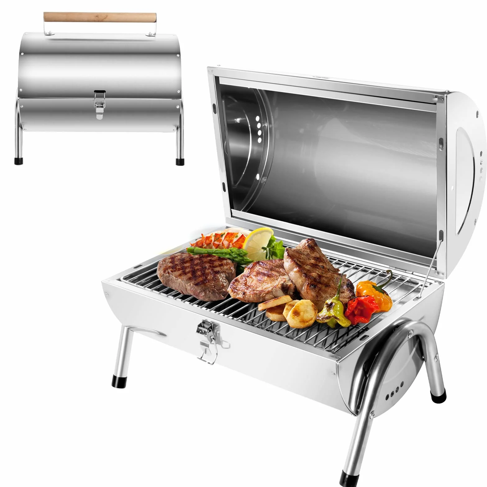 Barbecue Portable 2 en 1 Inox BBQ Grill Mini Charbon pour Jardin Balcon Voyage Camping Argent