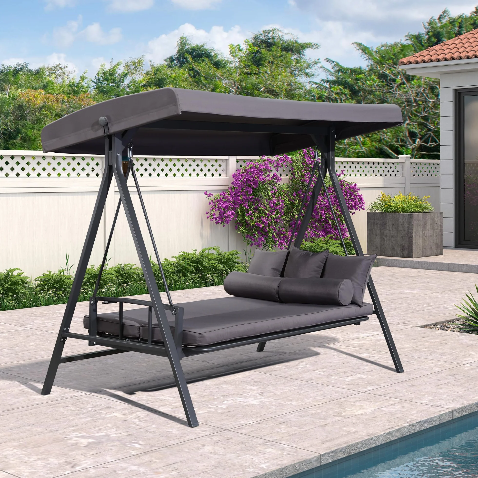 Balancelle de Jardin 3 Places Toit Réglable Convertible en Lit XL 350kg Gris