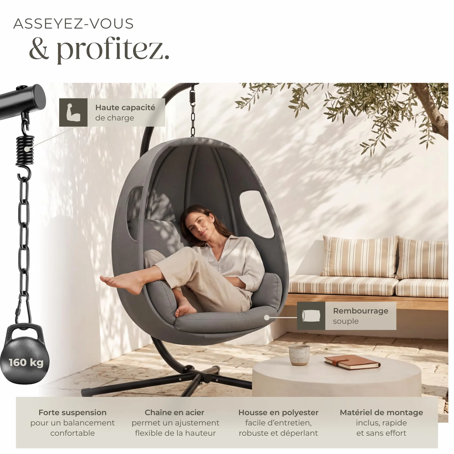 Tectake Fauteuil Suspendu Oeuf Acier Résistant aux Intempéries 160 kg avec Coussins et Housse