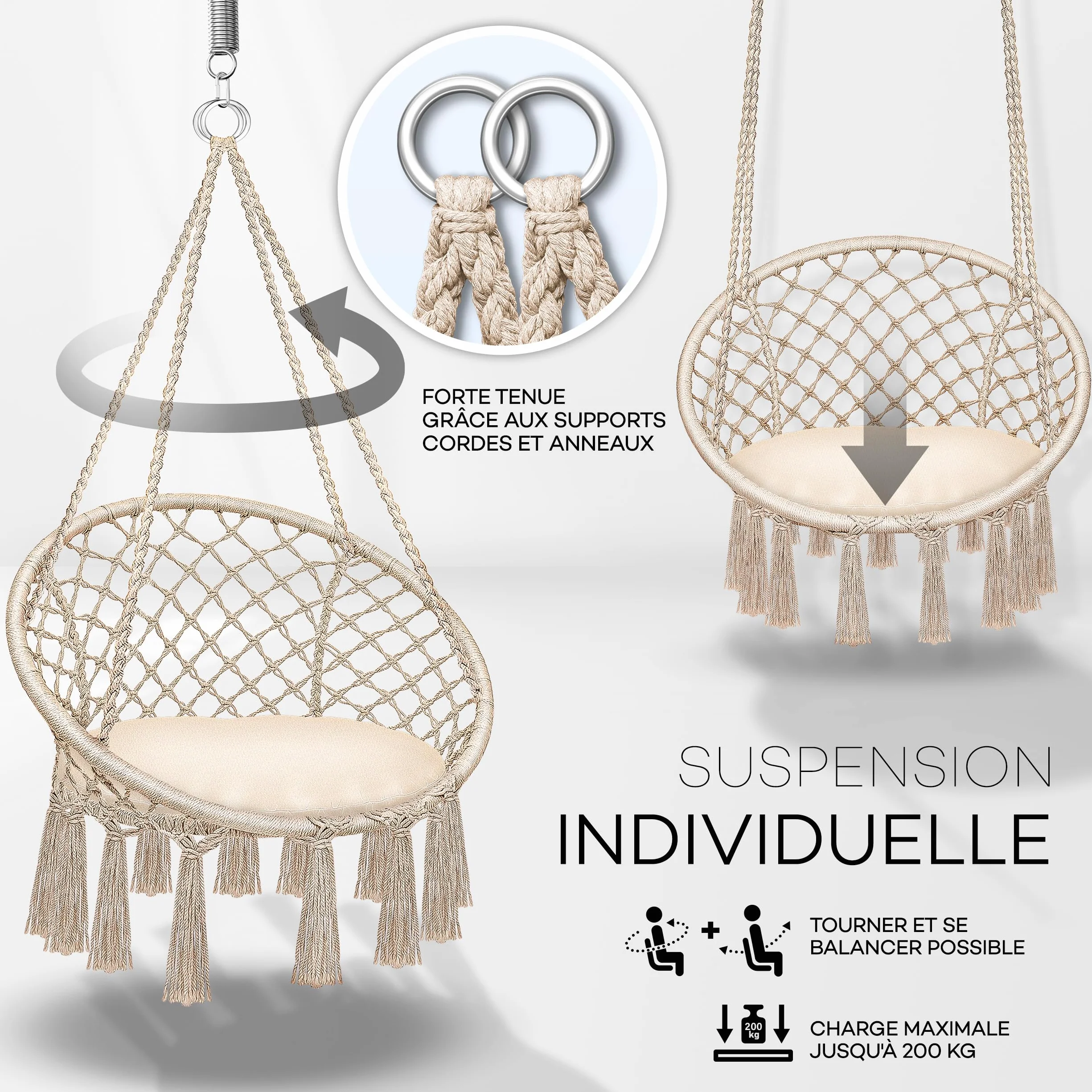 Tillvex Hamac Chaise Suspendu 200kg avec Coussins Confortables et Kit de Suspension