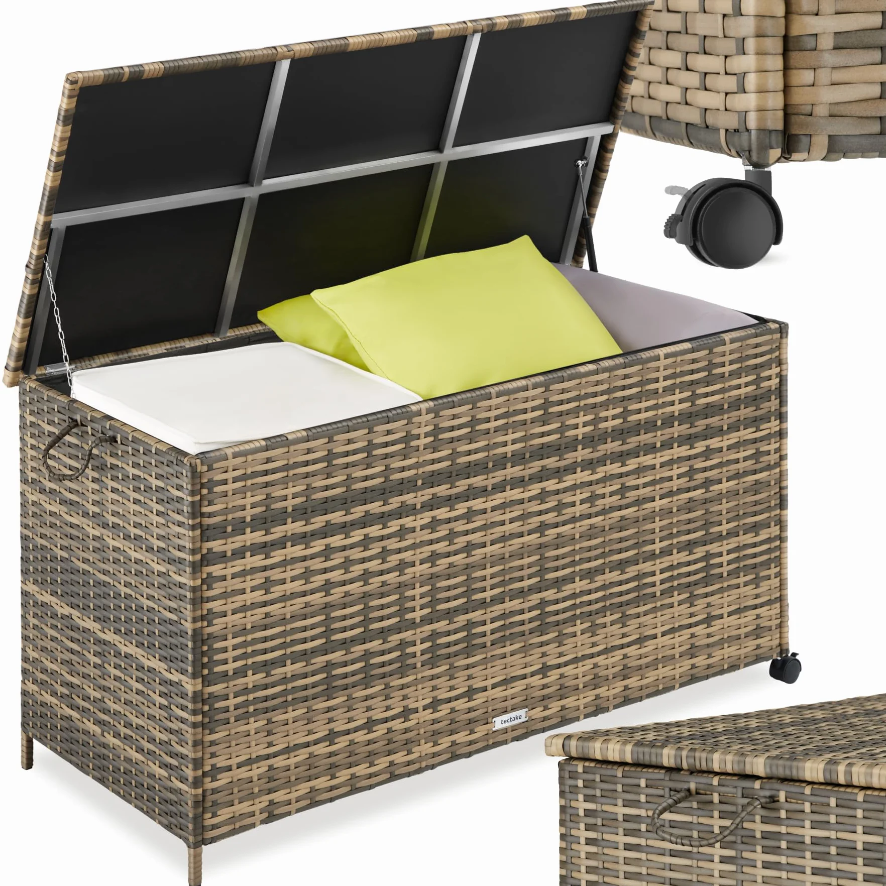 tectake Coffre de rangement exterieur en rotin 116 x 54 x 64 cm 253L Aluminium 2 Roulettes pivotantes Frein de blocage