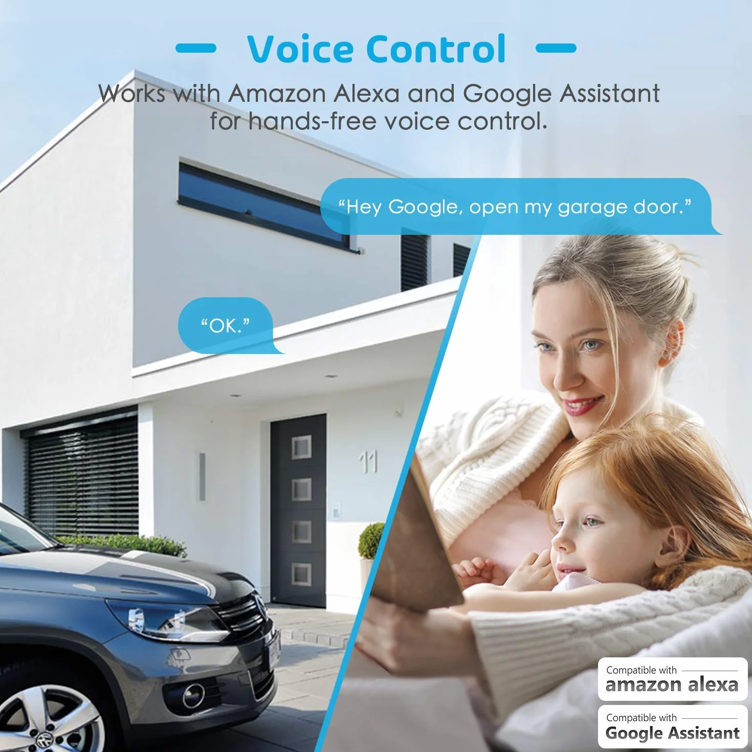 Flysocks Ouvre-Porte de Garage Connecté WiFi, Télécommande de Porte Intelligent Compatible avec Alexa et Google Home, Contrôle à Distance, Commande Vocale et Programme de Temps par APP