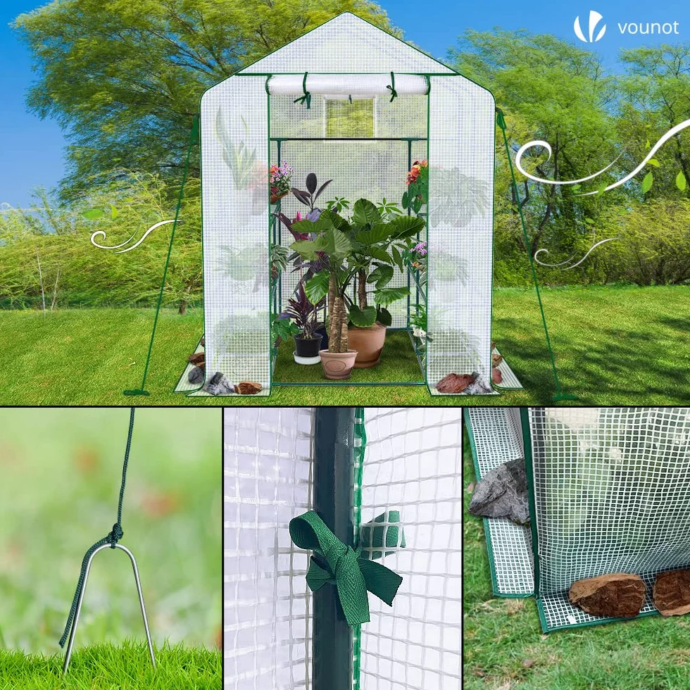 VOUNOT® Serre de Jardin PE 3 Niveaux 143x143x195cm Bâche Renforcée 135g/m2