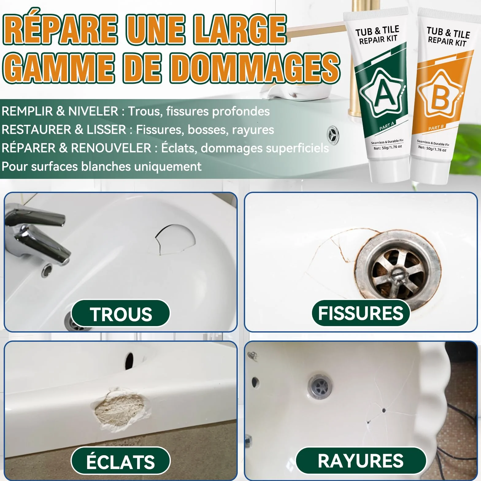 Kit Reparation Carrelage, Réparation Carrelages en fibre de verre pour la réparations des éclats, fissures, rayures et trous sur le carrelag, la porcelaine, la céramique et l'émail de baignoire
