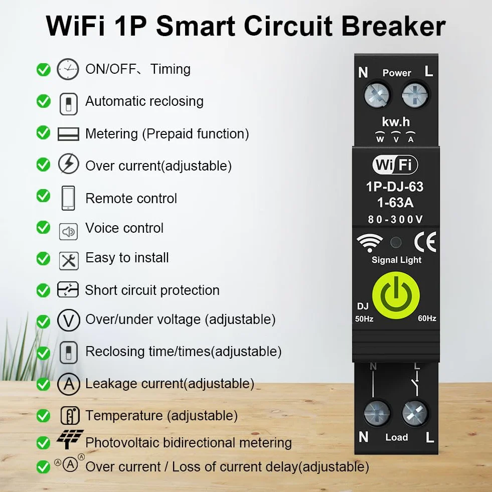 WiFi Disjoncteur intelligent ON OFF Timing Photovoltaïque Bidirectionnel Compteur d'énergie Protecteur de réenclenchement automatique avec mesure et fonction prépayée Compatible avec Alexa et Google