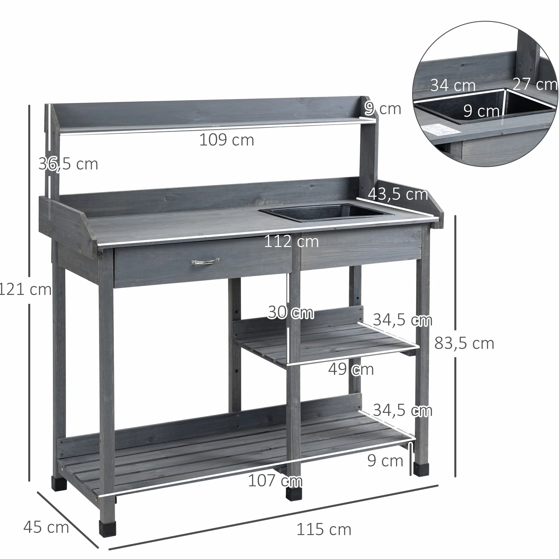 Outsunny Table de rempotage Multi-équipée Jardinage Bois Sapin Gris avec tiroir étagères évier Crochets