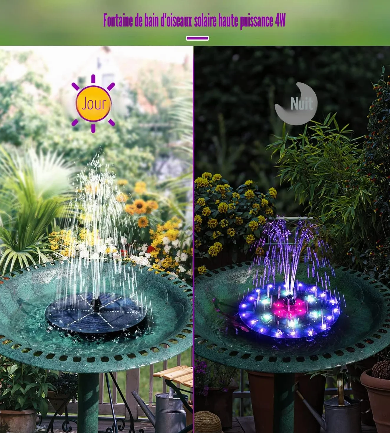 Fontaine Solaire 60 LEDs Colorée 2026 Upgraded Solaire Flottant Extérieur Pompe Bassin avec 8 Buses pour Bain d'oiseaux, Étang, Jardin