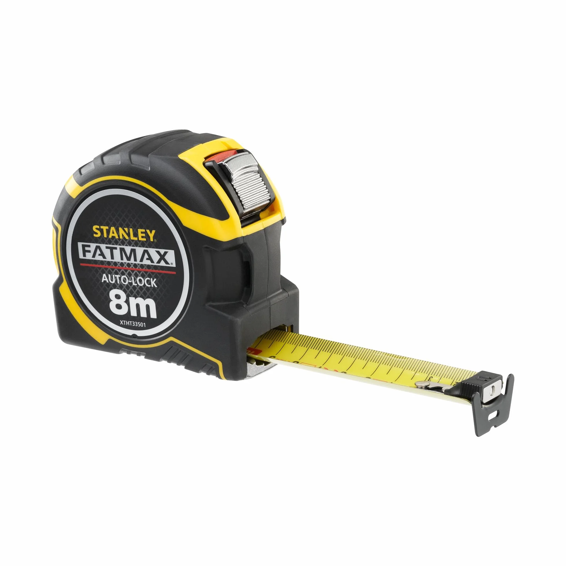STANLEY Mesure auto lock 8 m x 32 mm ruban large crochet position du zéro réel boitier ergonomique bi matière