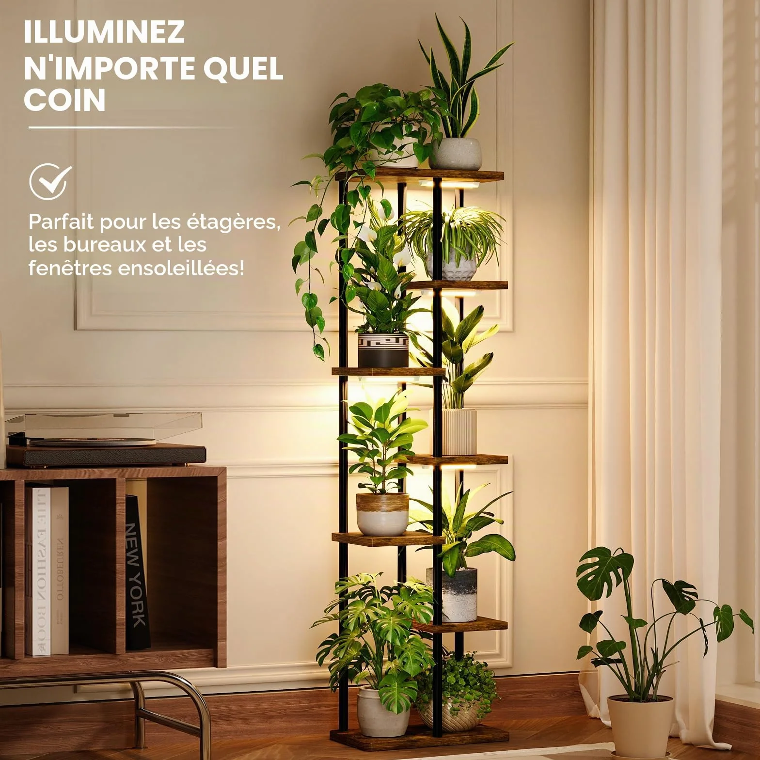 Bamworld Étagère Plante d'Angle 7 Niveaux Bois Métal avec Lampe, Support Plante Intérieur avec Éclairage