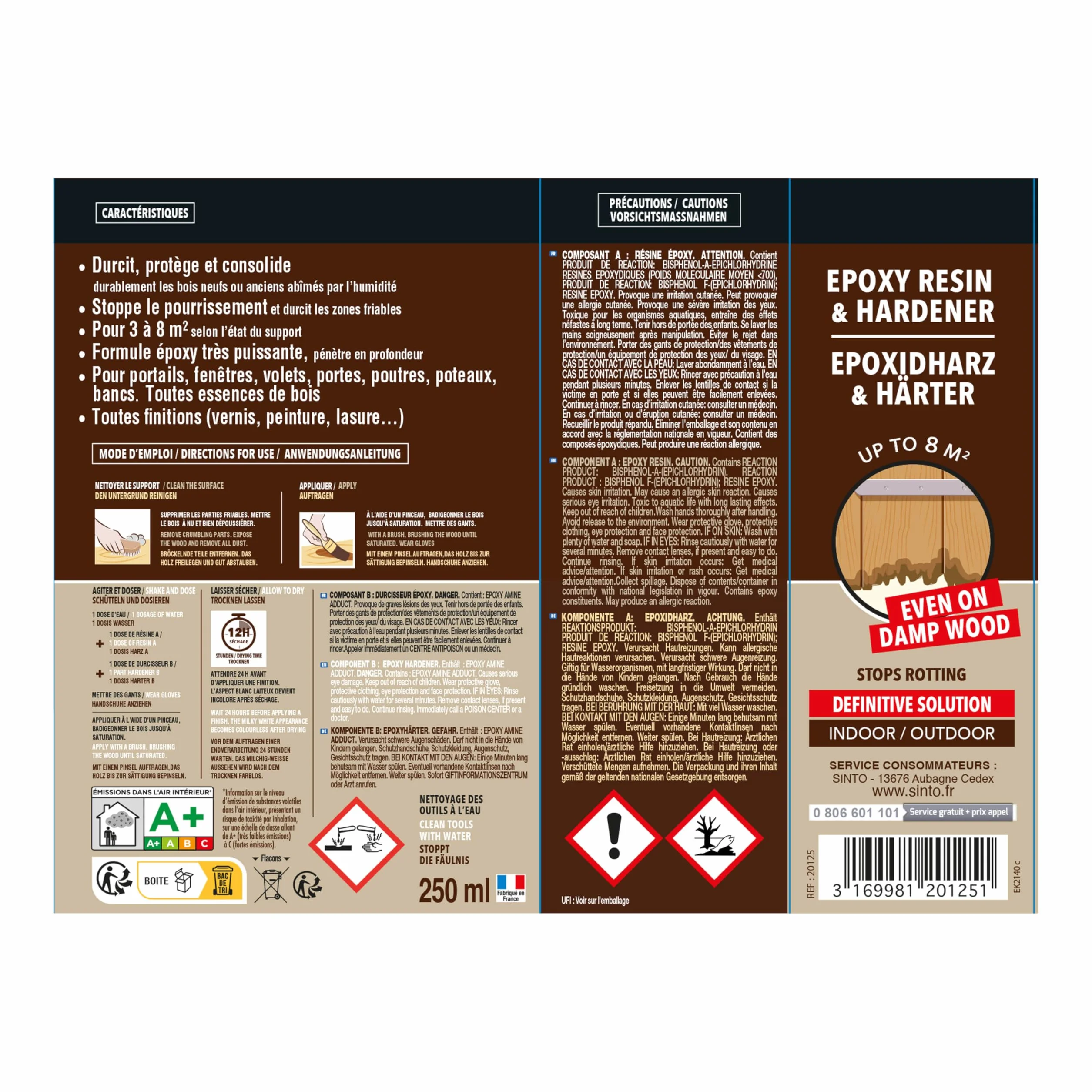 SINTO Durcisseur bois abimés par l'humidité 250g, stoppe l'humidité et le pourrissement, solidifie et imperméabilise bois neufs et anciens, pénètre en profondeur, intérieur