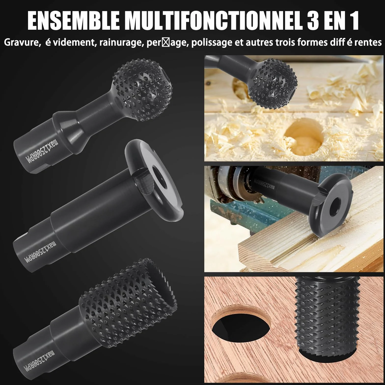 Pomsare Fraise à Bois - Disques Meuleuse Sculpture Bois, Set de 3 Burrs Rotatifs, Gouge et Ciseaux à Bois pour Meuleuses 115/125 - Outils de Coupe,Menuiserie Outillage