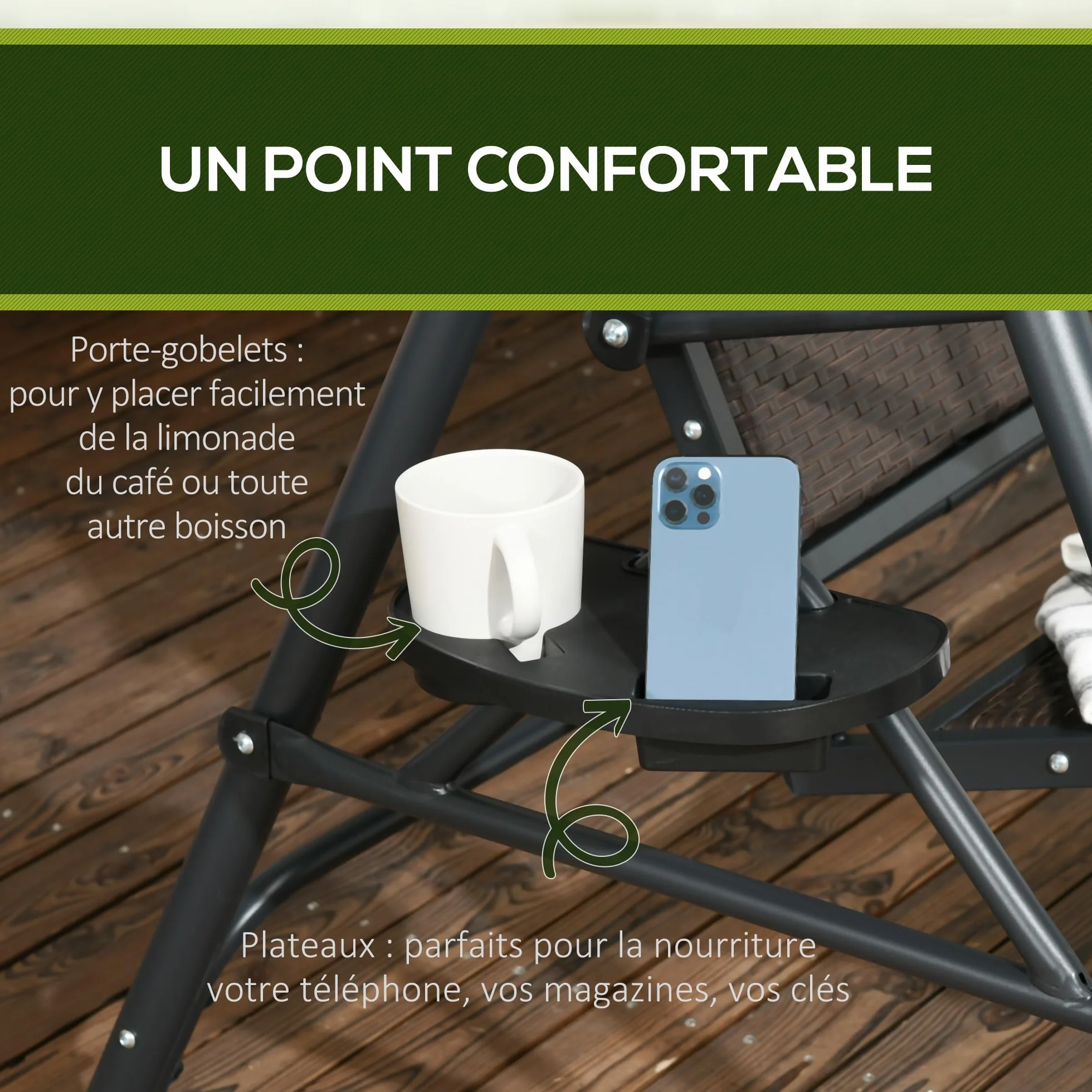 Outsunny Balancelle de Jardin 3 Places Toit Inclinaison réglable en résine tressée PE Acier Gris foncé Marron