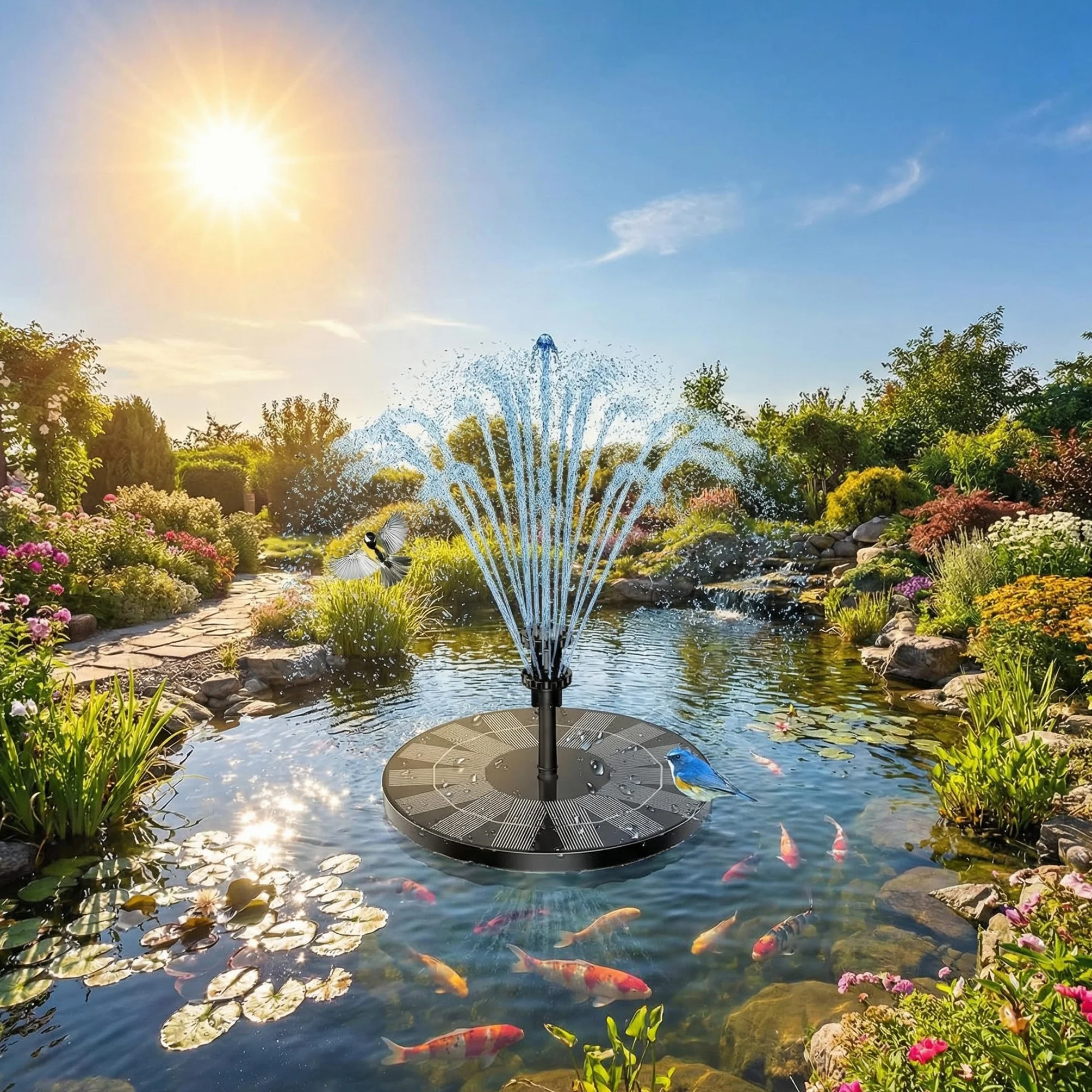 Fontaine Solaire Extérieure 1.5W avec 6 Effets de Jet, Fontaine Flottante pour Jardin Étang