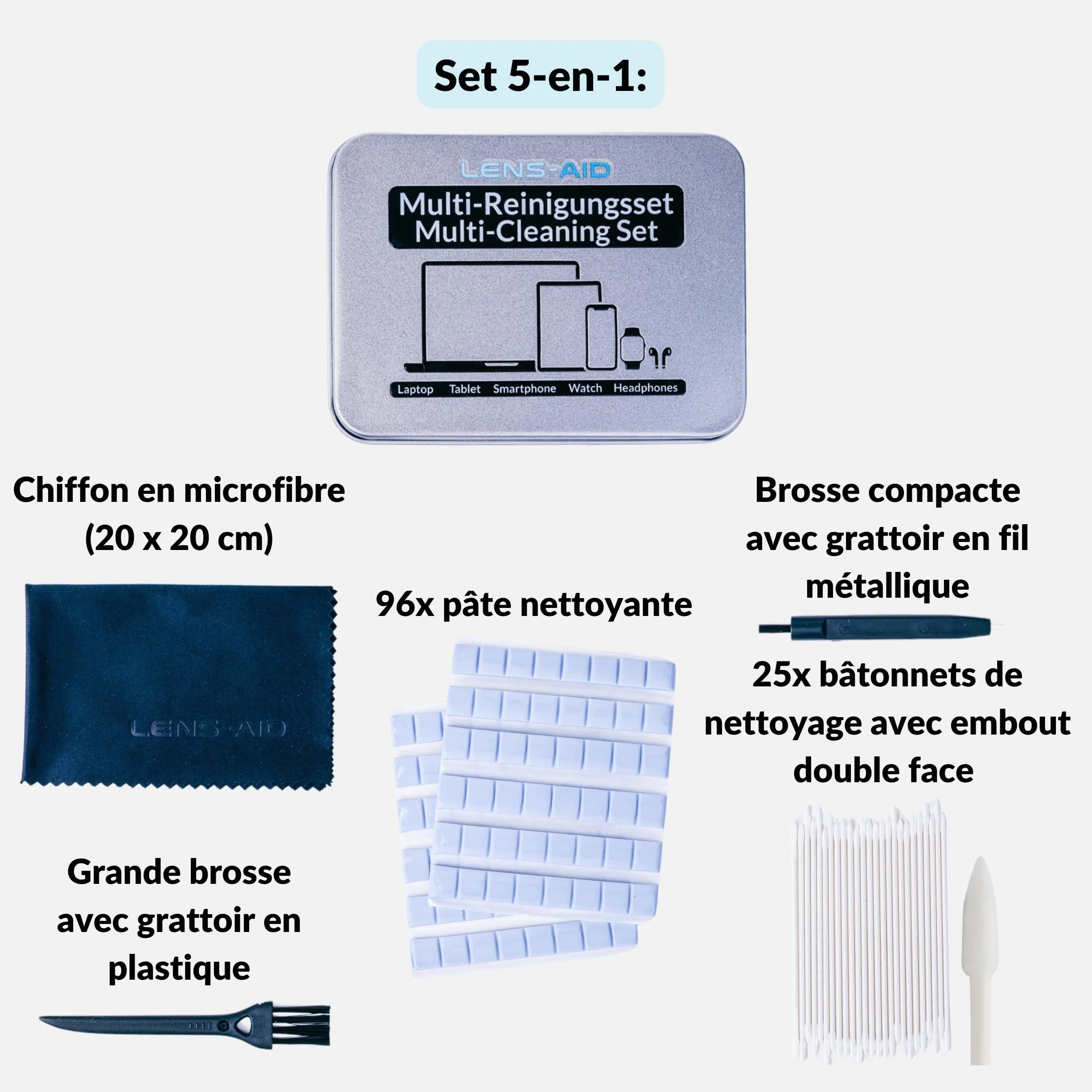 LENS-AID Kit de nettoyage 5 en 1 pour smartphone avec modelage USB-C et Lightning, pinceau, bâtonnets, chiffons en microfibre pour connecteurs, écouteurs, écrans et emplacements pour téléphones