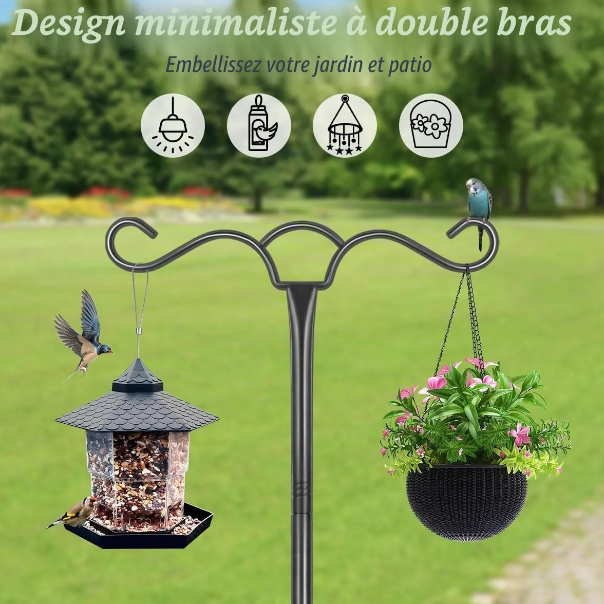 Mangeoire à oiseaux suspendue 197 cm, crochets robustes pour poteau, double crochet pour lanterne