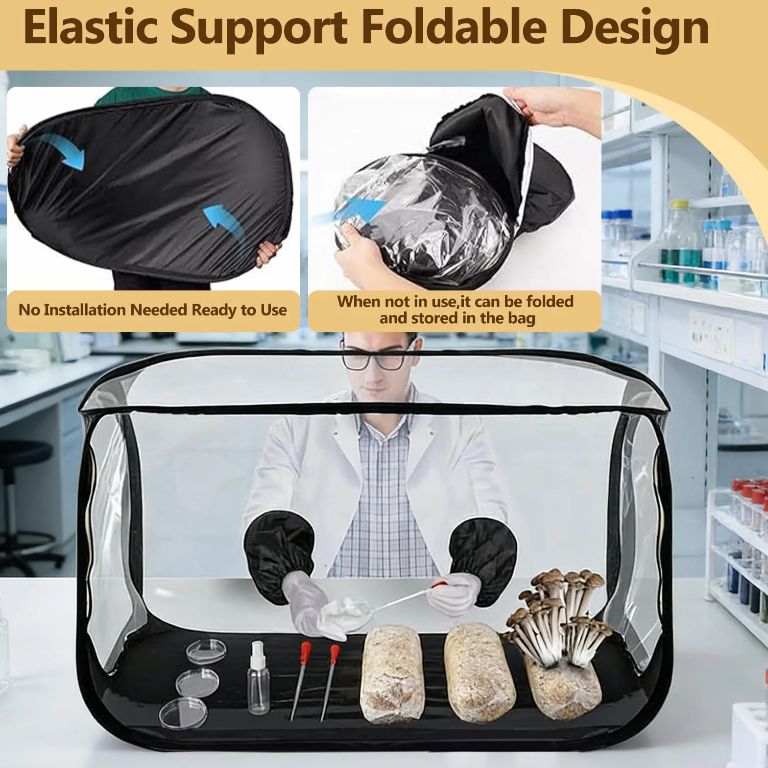 Grande tente de culture de champignons 82 x 52 x 52 cm - Boîte de culture avec boîte à air silencieuse, pliable, deux ouvertures pour les bras