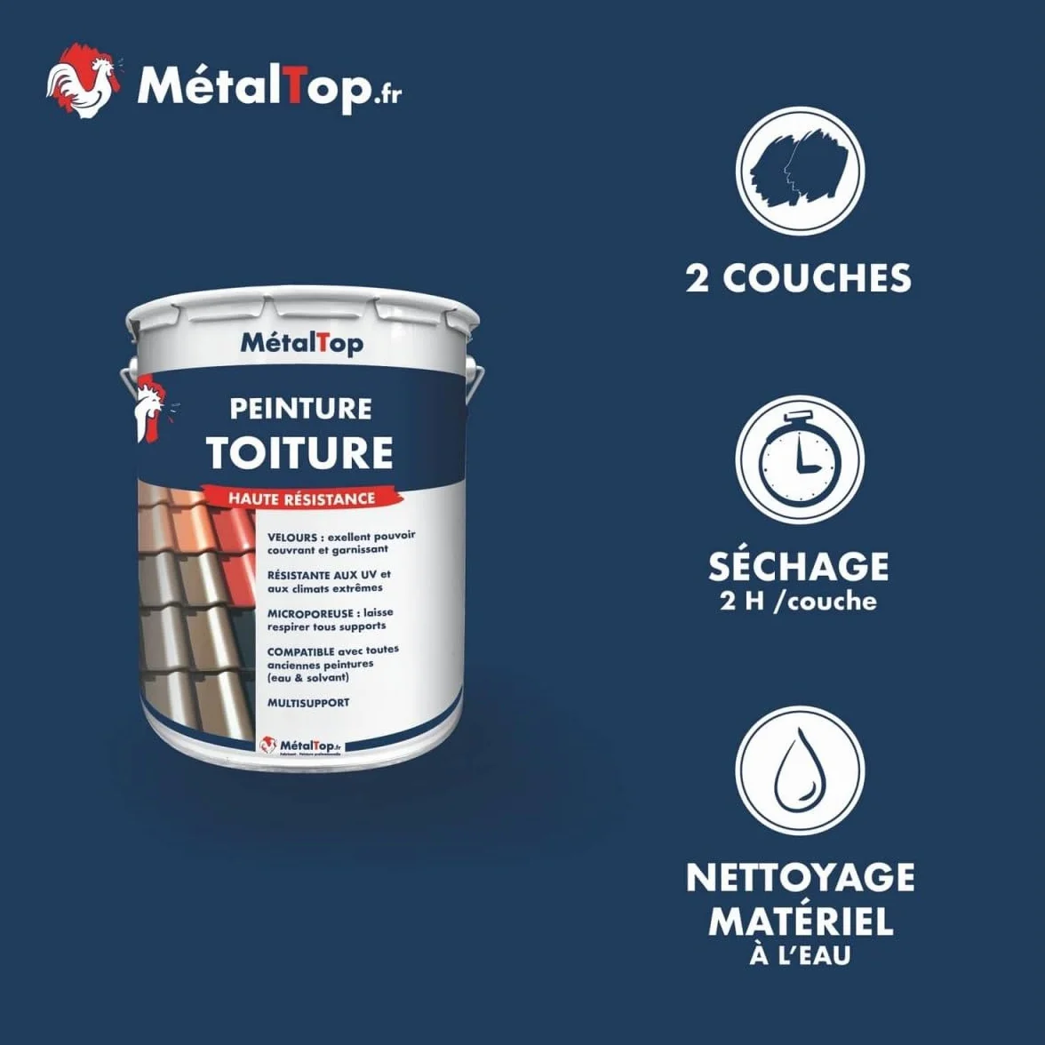 Metaltop - Peinture Toiture - Blanc pur - RAL 9010-1 L - Protection longue durée, résistante aux UV, application facile sur tuile, ardoise, tôle, fibrociment