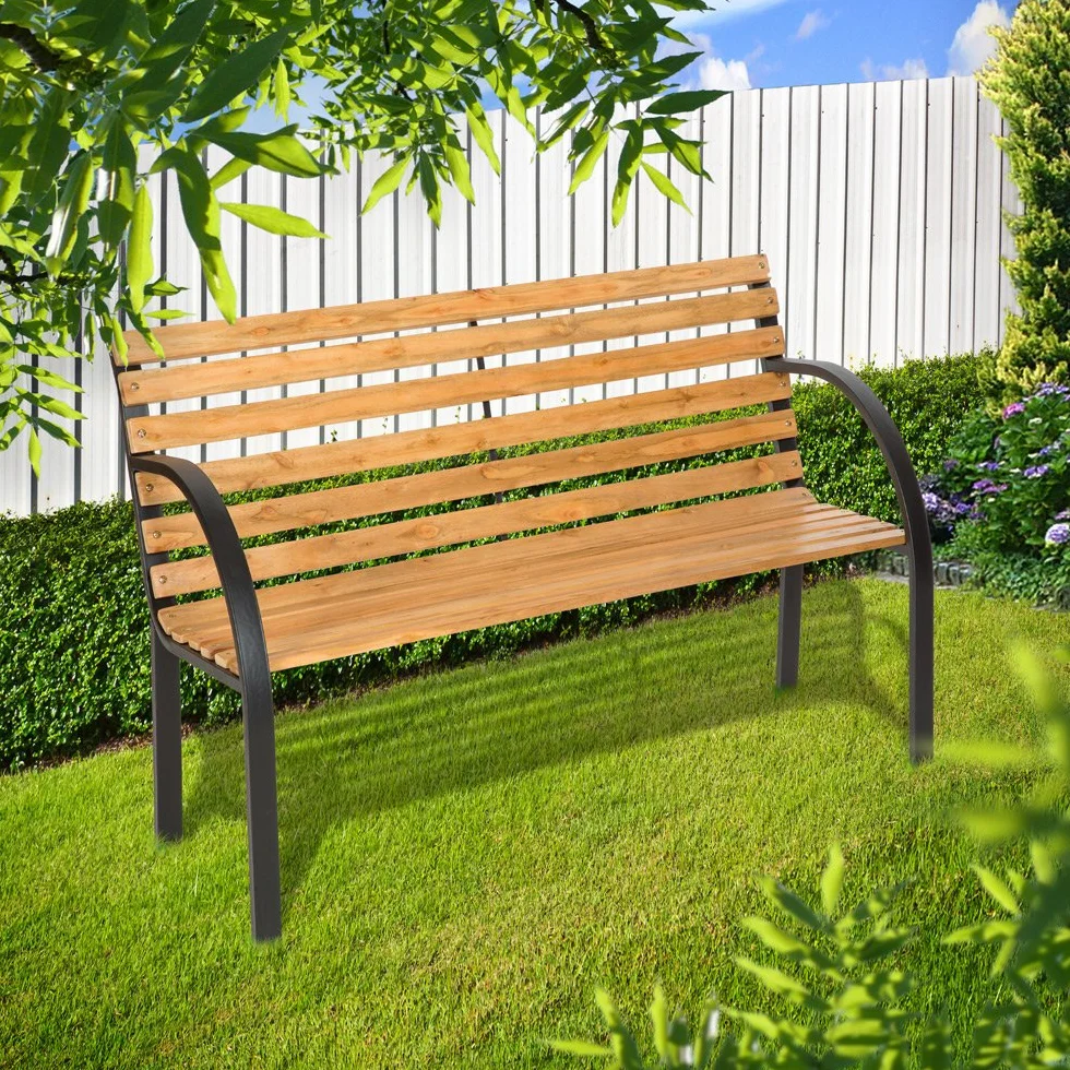 Tectake Banc de Jardin Solide en Bois Naturel laqué et Acier, Banquette de Jardin Noir Résistant aux intempéries