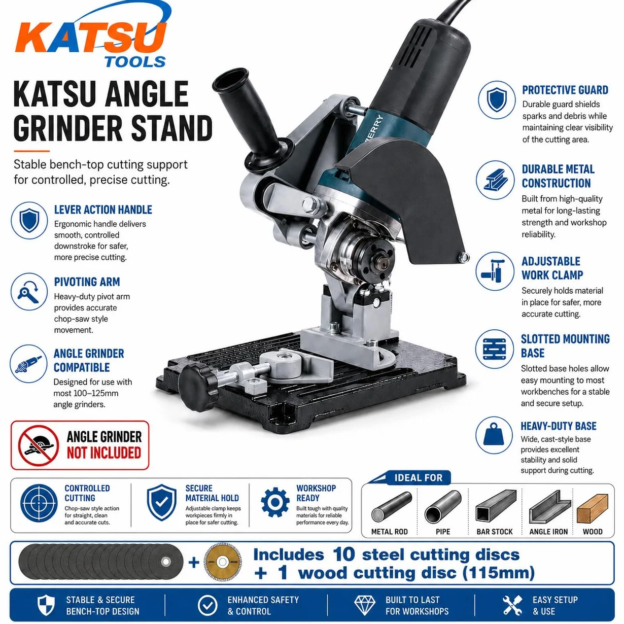 KATSU Support pour Meuleuse d'Angle - Ø 100mm à 125mm Base en Fonte Robuste de Support de Tronçonnage pour Meuleuse électrique avec 11 Disques de Coupe en Bois et en Acier 105422