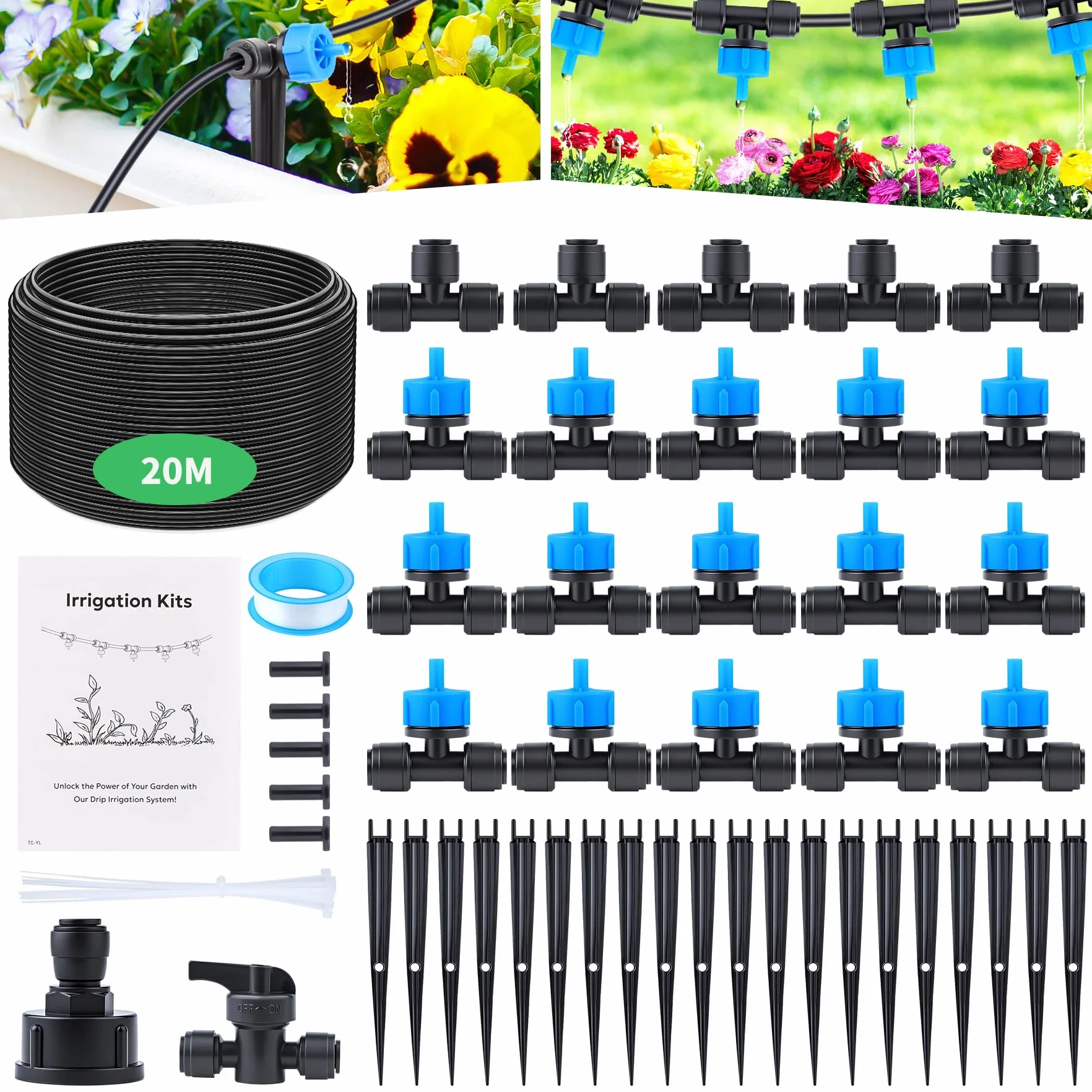 Système d'irrigation goutte à goutte 60 pièces kit avec tuyau 20 m pour jardin pelouse serre