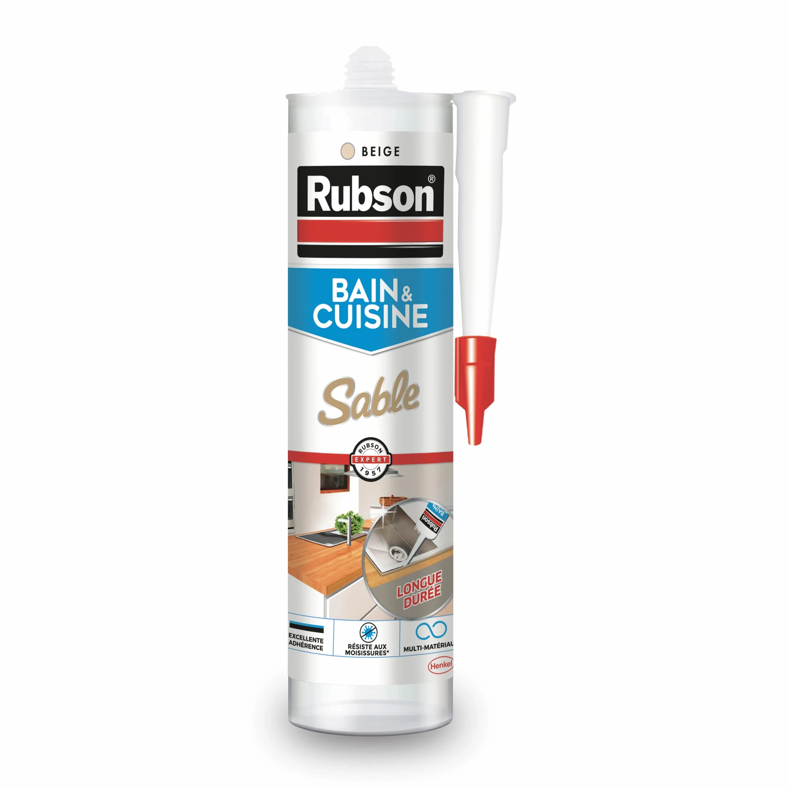 Rubson Mastic Bain & Cuisine Couleur Sable, Joint silicone multi-matériaux renforcé en antifongiques, mastic sanitaire coloré, souple & étanche, 280 ml (Packaging du produit peut changer)