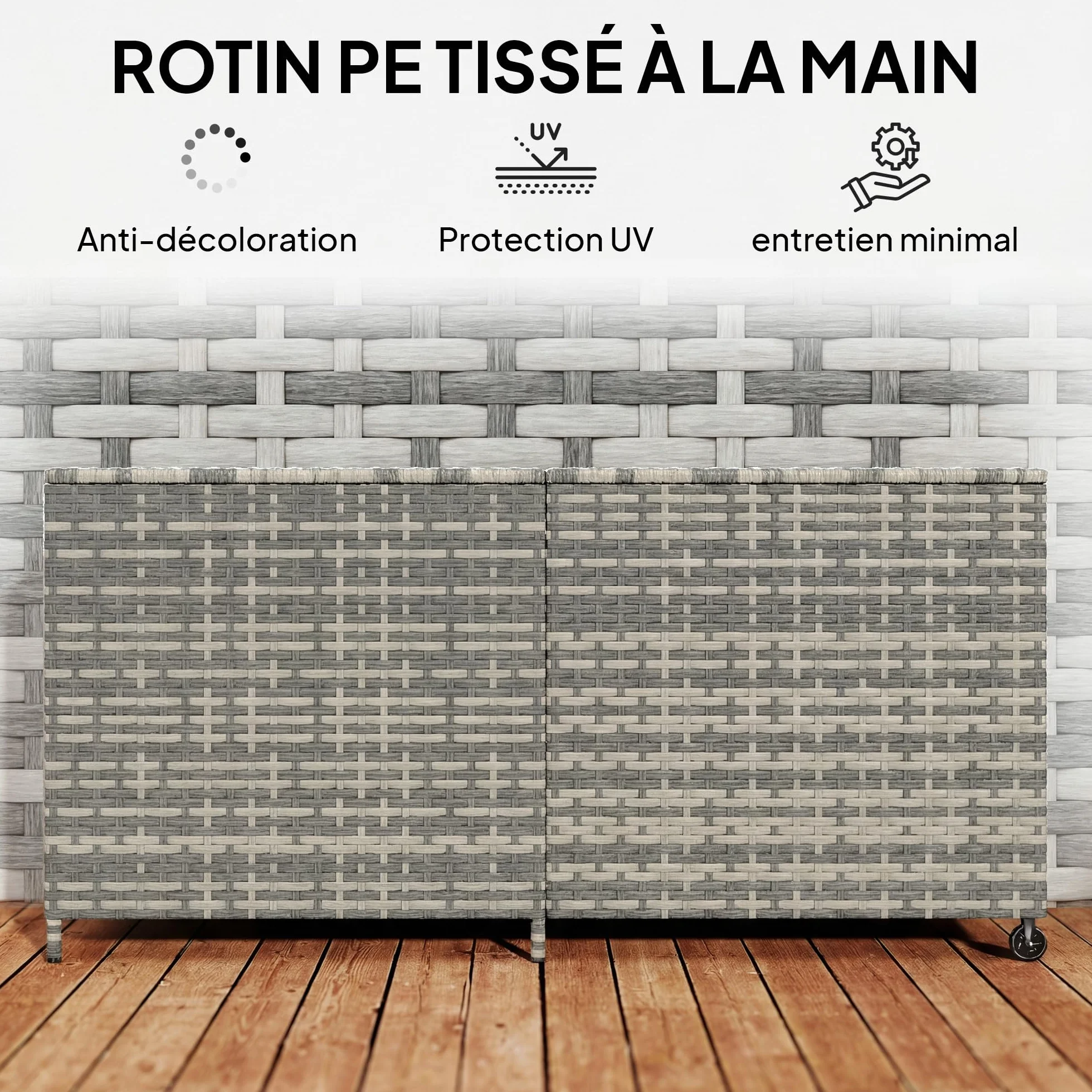 Outsunny Coffre de jardin résine tressée 650 L imperméable extérieur rangement avec doublure zippée tige pneumatique sécurisée 2 roues 150x75x74 cm gris