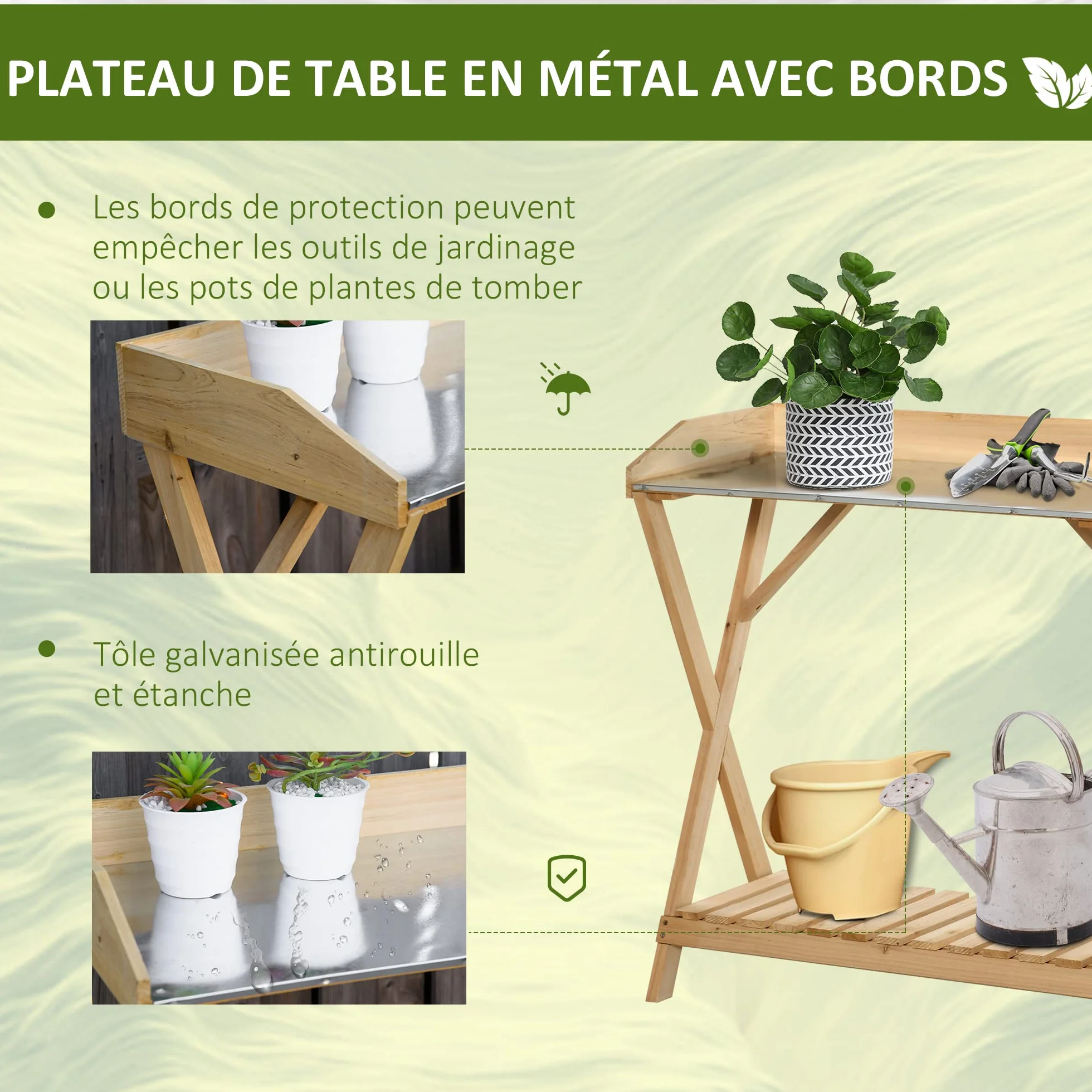 Outsunny Table de rempotage Jardinage Acier galvanisé Bois Sapin pré-huilé