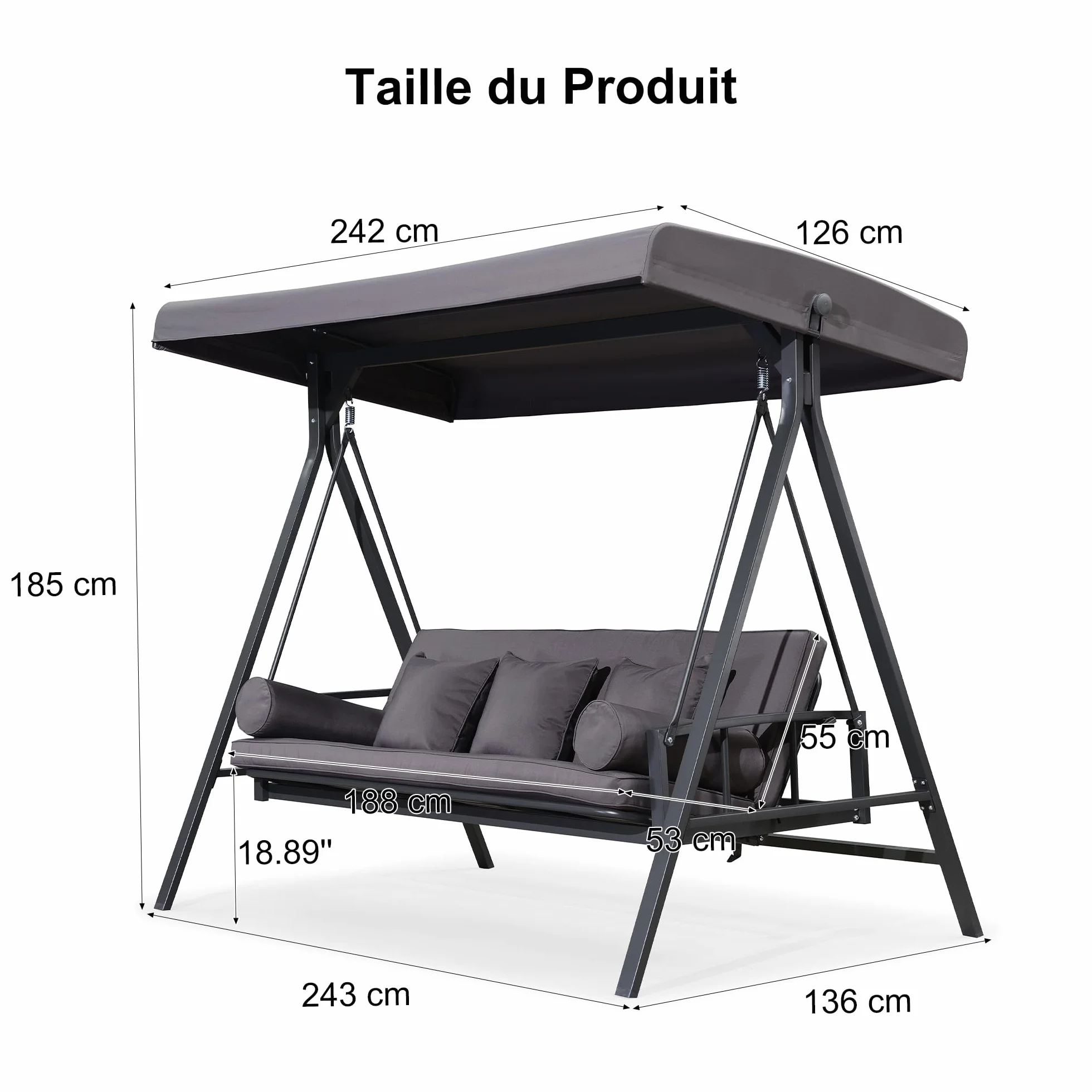 Balancelle de Jardin 3 Places Toit Réglable Convertible en Lit XL 350kg Gris