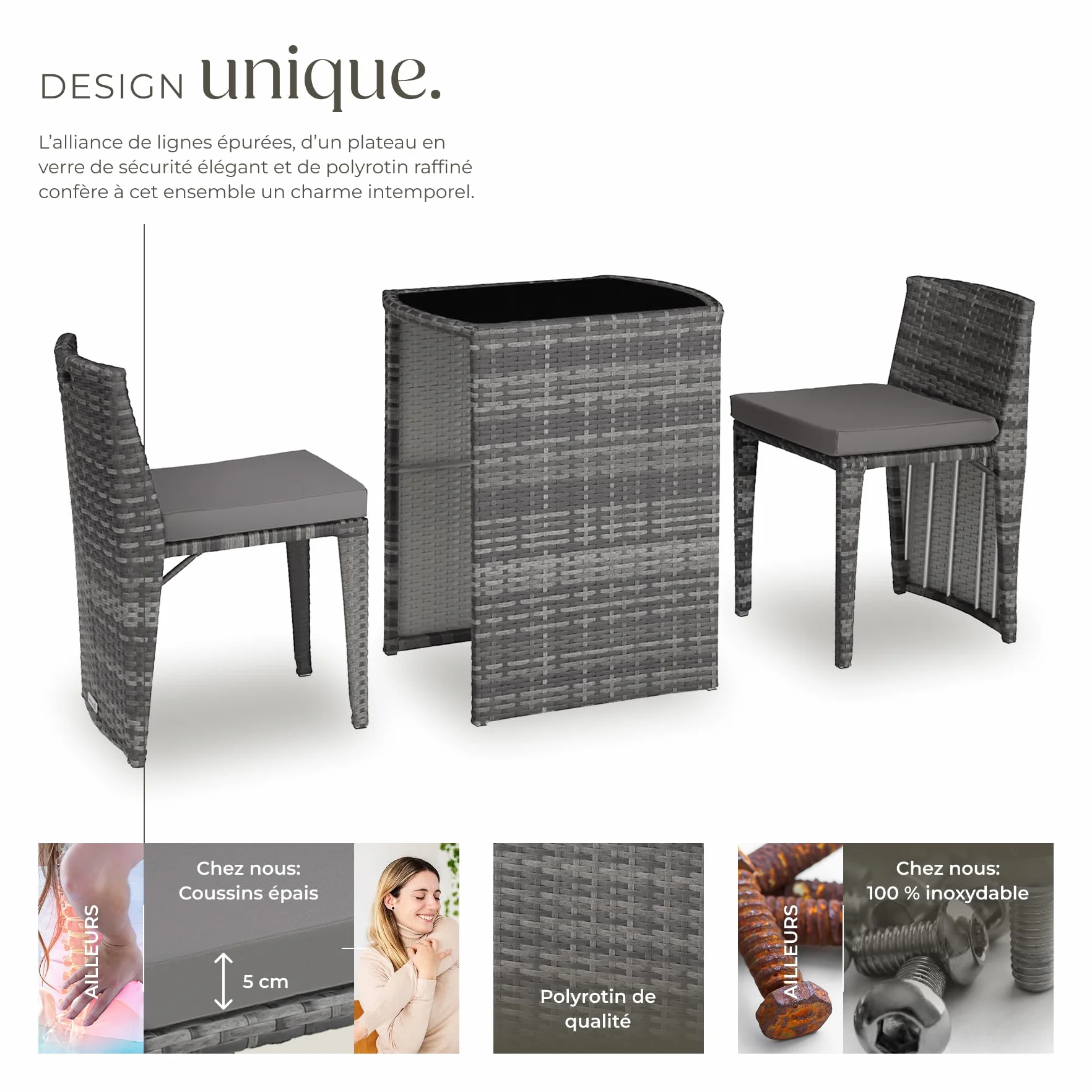 Tectake Ensemble Salon de Jardin 2 Personnes Poly Rotin Aluminium Fauteuil Table Coussins Inclus