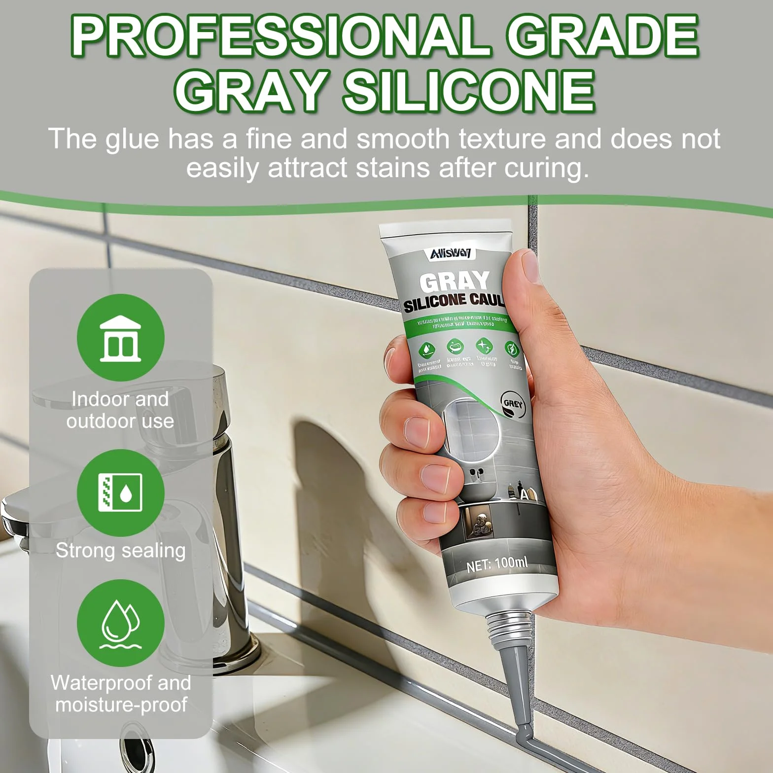 Silicone Gris, Joint Salle de Bain, Joint Silicone, Convient aux Salles de Bains Fermées aux Cuisines et aux Espaces Intérieurs et Extérieurs, Imperméable et Sèche Rapidement, 100 ml