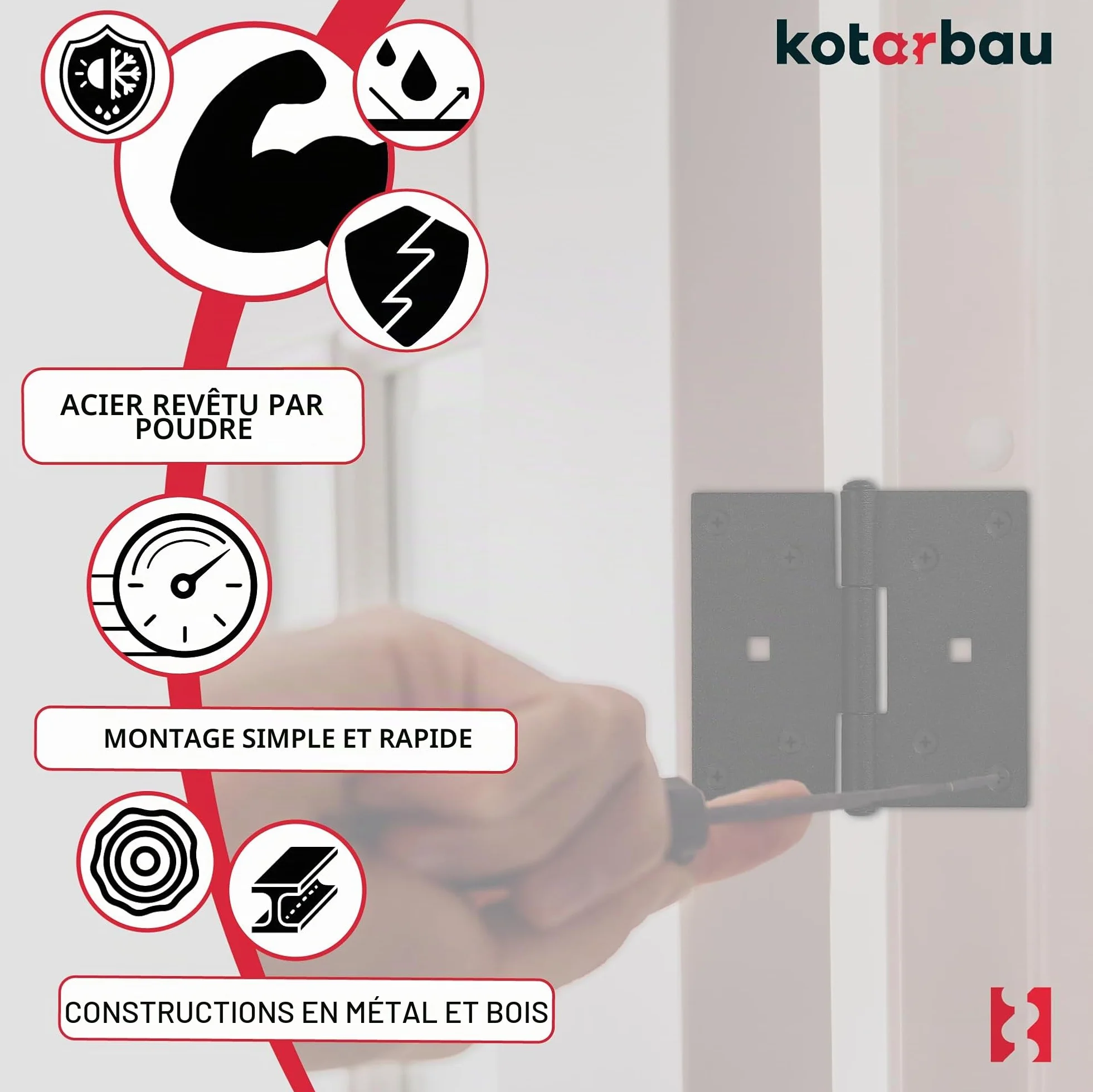 KOTARBAU® 2 x Charnière INOX à congé Chantier 90x95mm en Acier Noir Peint par pulvérisation| Charniere Porte Lourde |Charniere INOX |Charnières de Portes |Charniere Plate |Charnieres |Charnière Porte