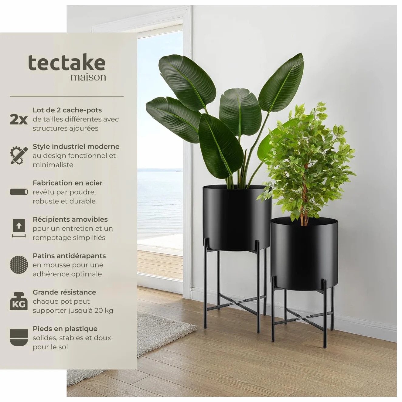 tectake Lot de 2 Support Plantes Intérieur Extérieur Diamètre 25 cm Hauteur 56 cm Acier