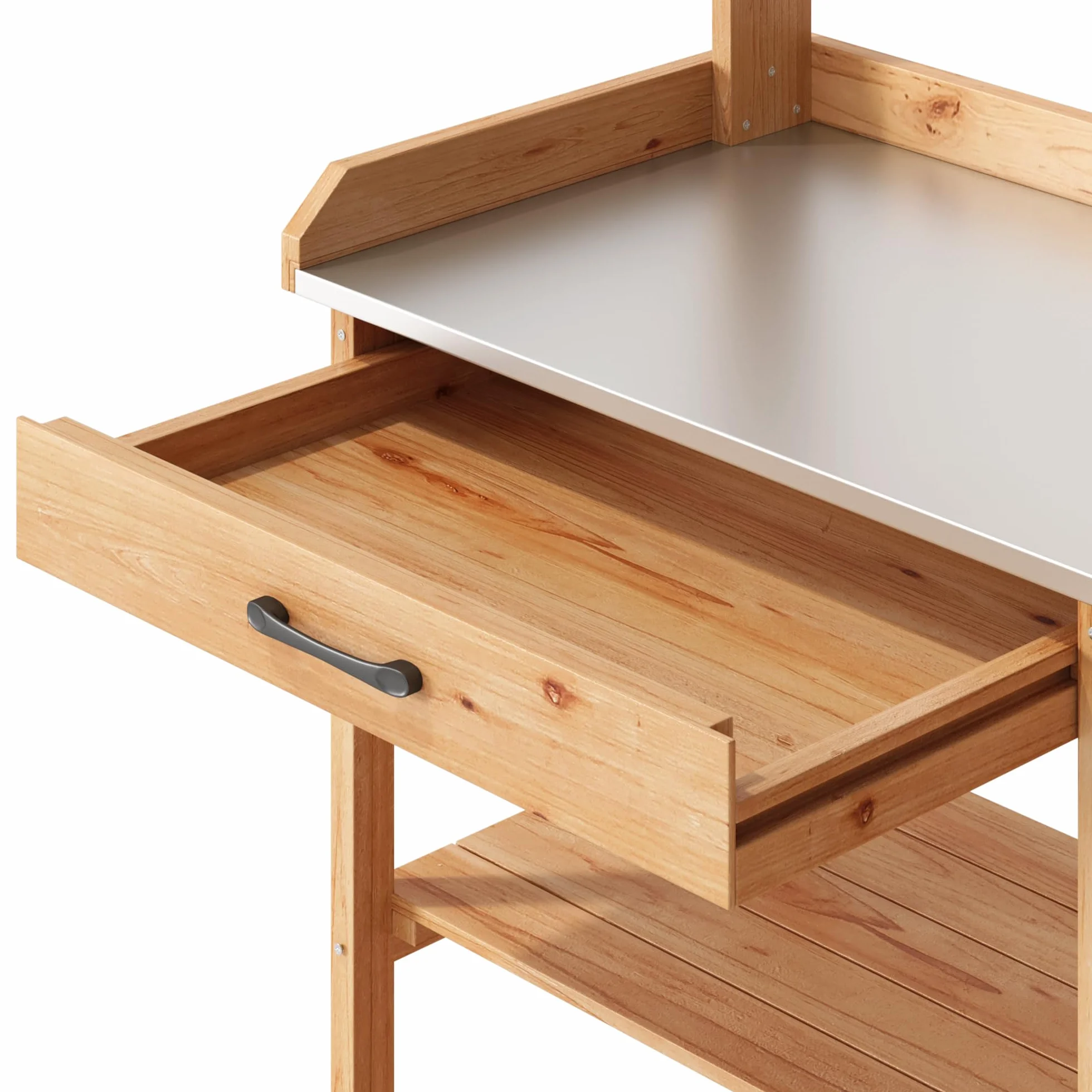 Table de Jardinage en Bois avec Plan de Travail Galvanisé 112x46x125 cm Naturel